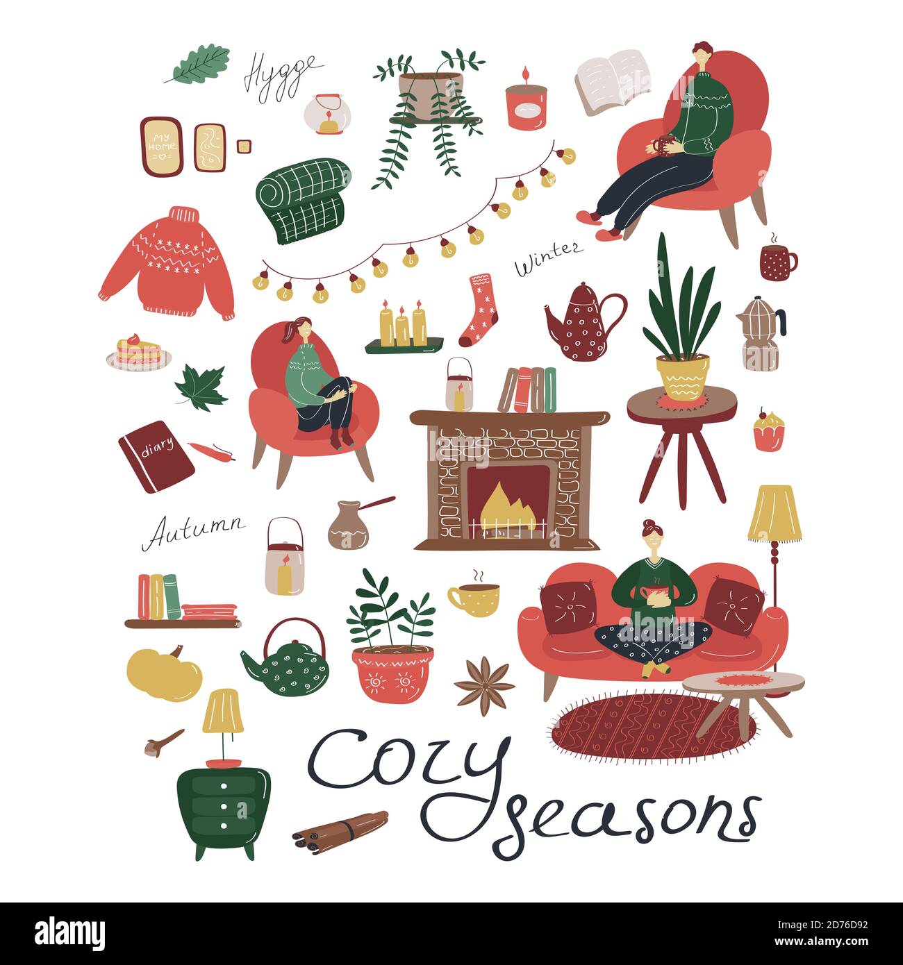 Intérieur confortable. Détails de la saison d'automne et d'hiver. Motif vectoriel plat Illustration de Vecteur