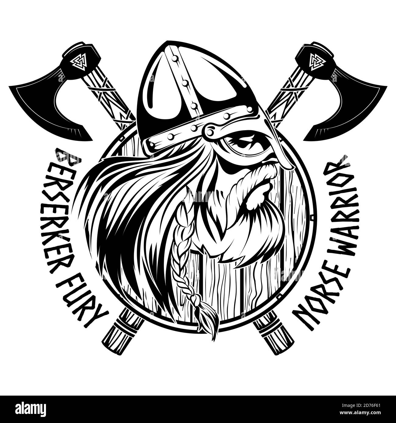 Berserker, guerrier Norse. Tête Viking, bouclier et deux axes croisés Illustration de Vecteur