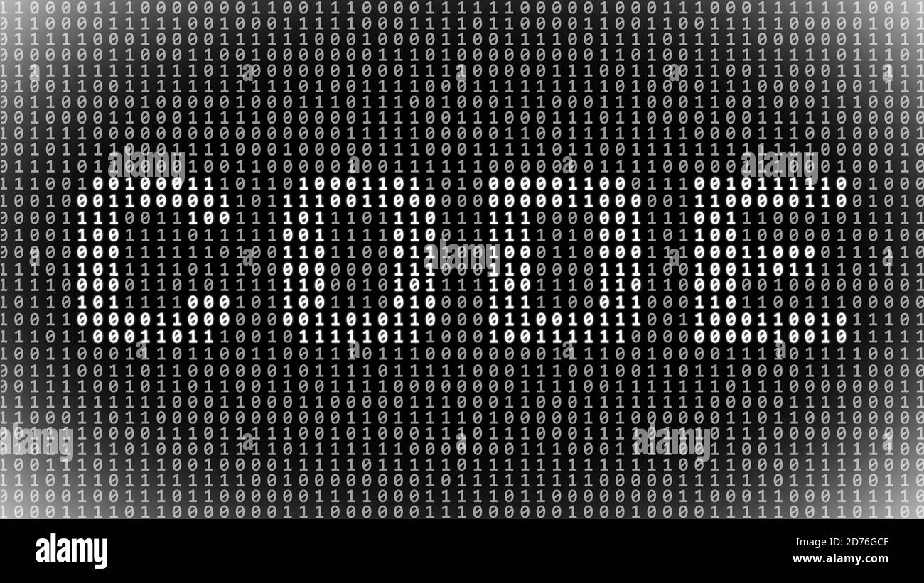 CODE - lettrage en blanc dans le cadre d'un binaire écran de code composé de chiffres gris sur fond noir Avec une bordure floue - illustration 3D Banque D'Images