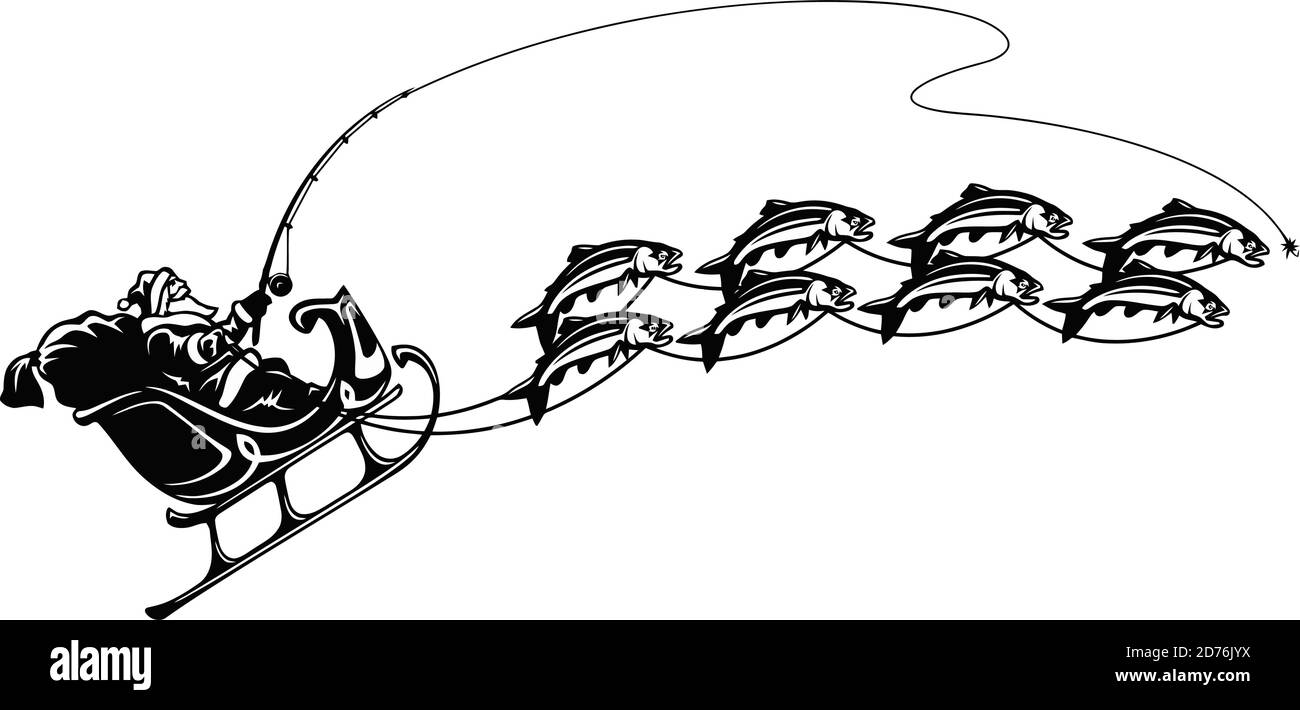 Santa de Noël en traîneau - emblème de pêche, dessin de pêche l'illustration vectorielle peut être utilisée pour le web design, les cartes, les logos et d'autres dessins. Illustration de Vecteur