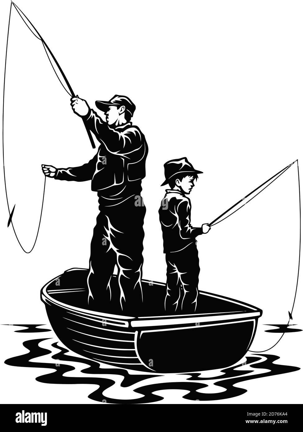 Fils et papa en bateau - conception de pêche - père et fils de pêcheurs Illustration de Vecteur