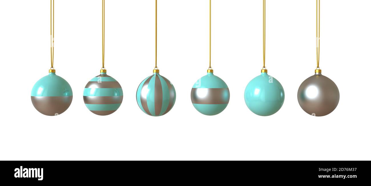 boules de Noël en verre bleu et argent rendu 3d, carte de vœux noël et nouvel an. Banque D'Images