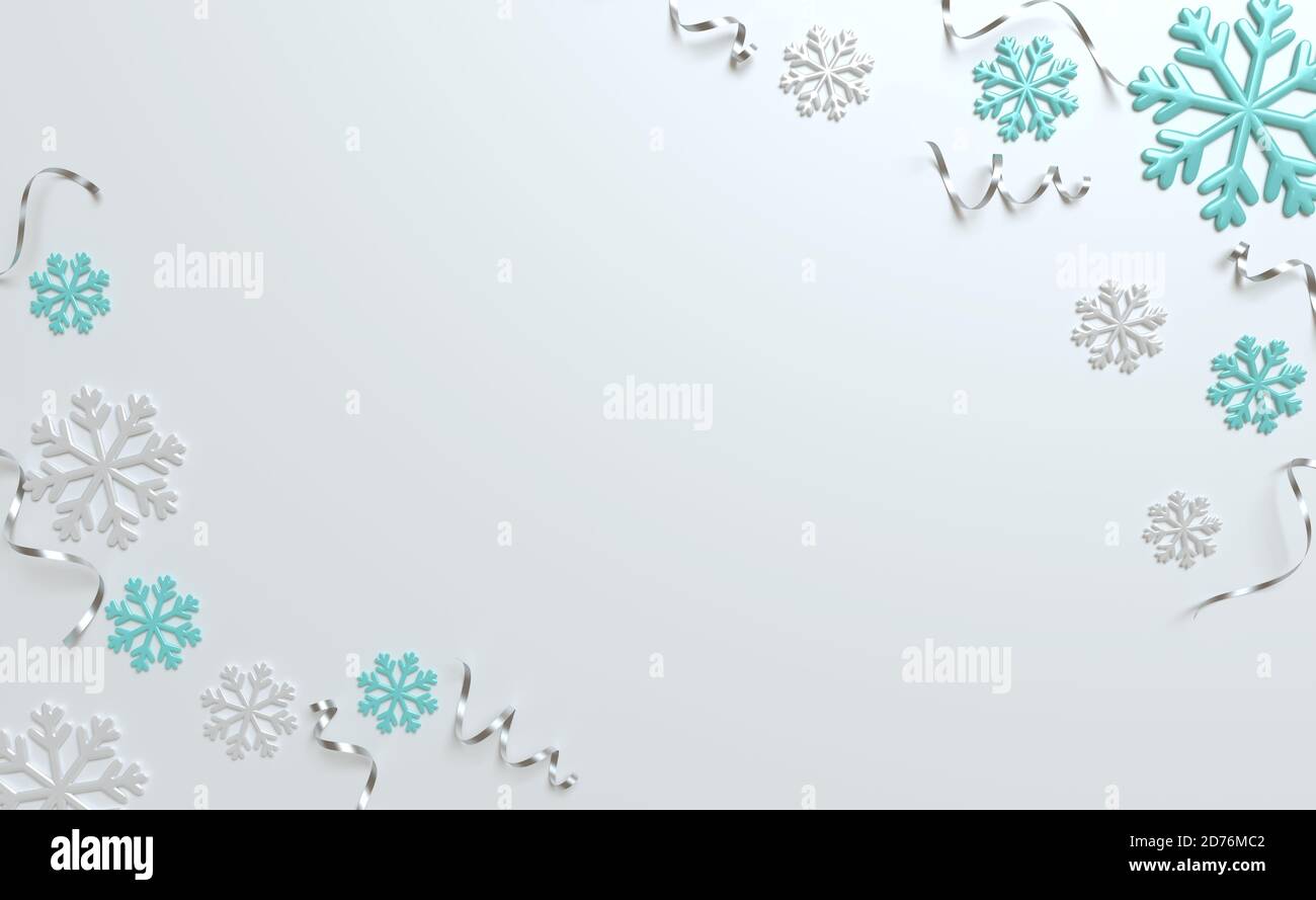 vue de dessus de l'arrière-plan de Noël en 3d, flocon de neige argenté et bleu, scintillant. Vacances d'hiver, illustration de rendu. Banque D'Images