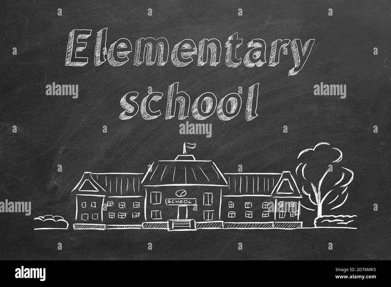 Bâtiment et lettrage de l'école primaire sur tableau noir. Esquisse dessinée à la main. Banque D'Images