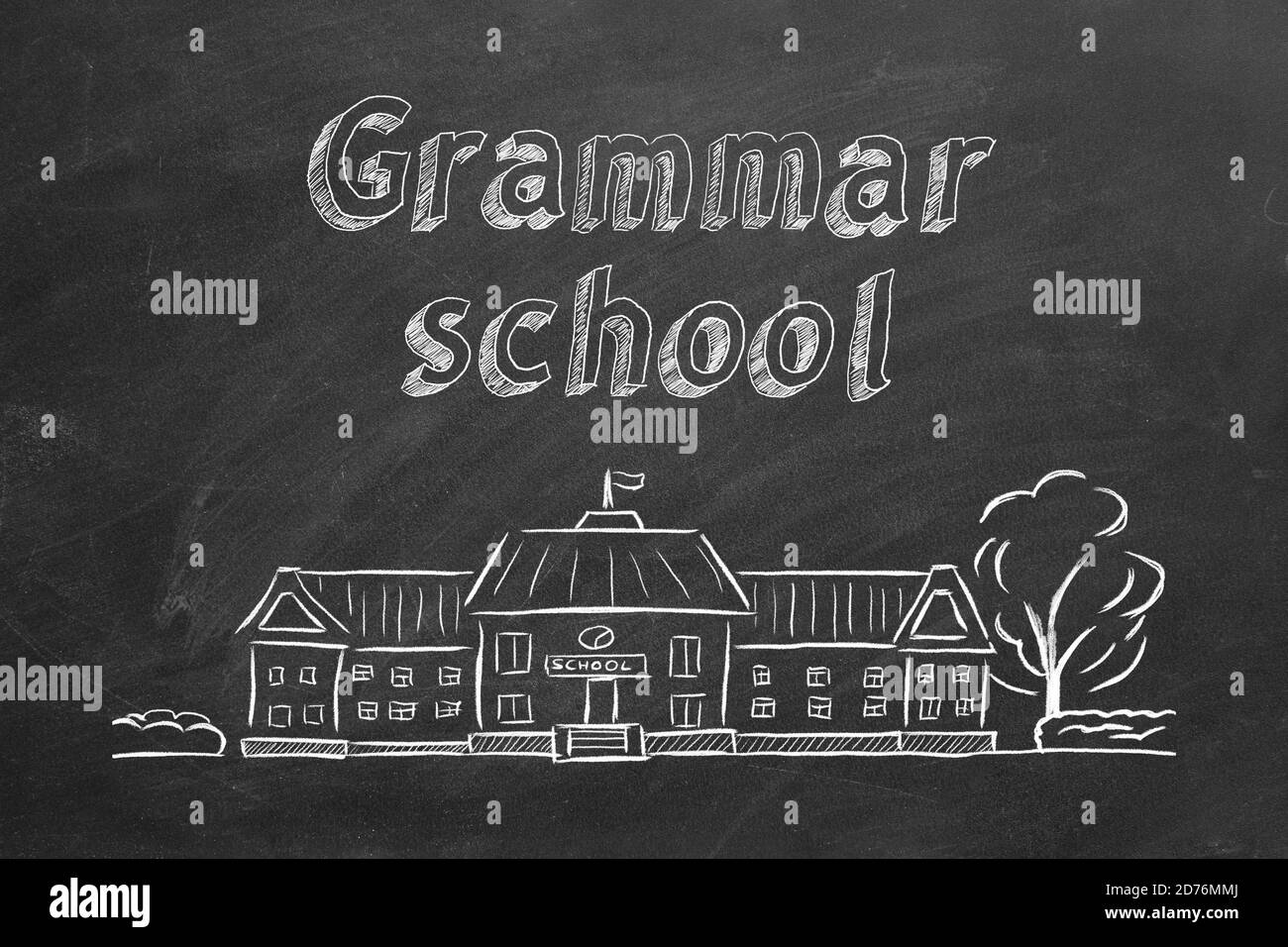 Bâtiment de l'école et lettrage de l'école de Grammar sur le tableau noir. Esquisse dessinée à la main. Banque D'Images