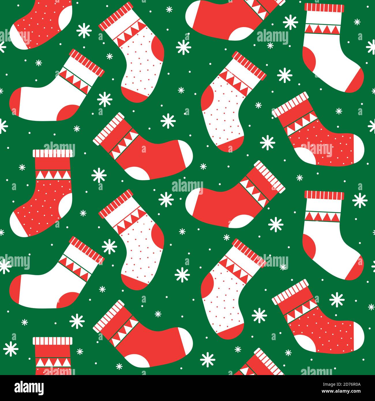 Chaussettes rouges et vertes de Noël motif sans couture. Motif vectoriel sur fond vert avec flocons de neige Illustration de Vecteur