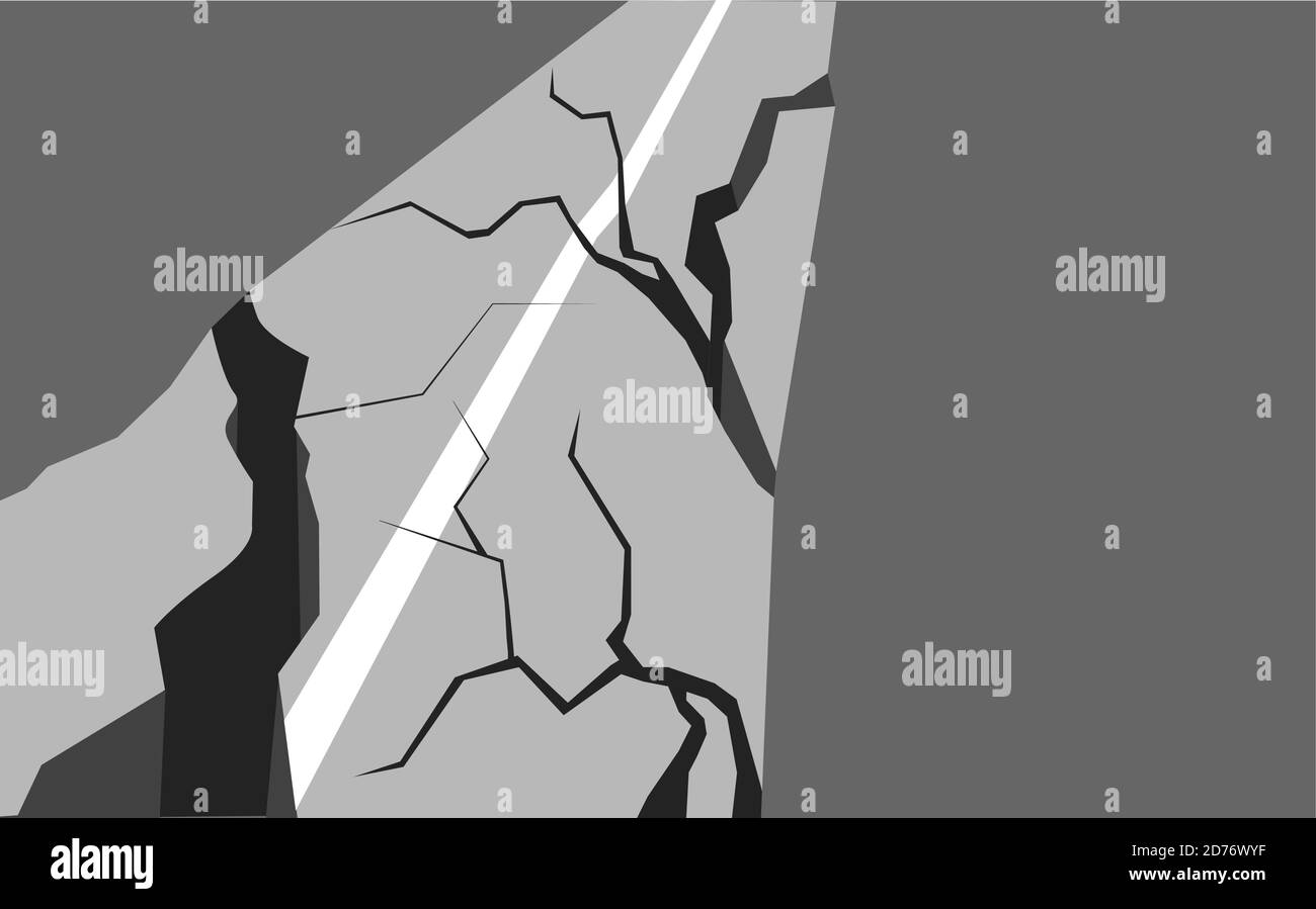 Illustration vectorielle plate d'une route endommagée par un tremblement de terre. Fissures et fissures. Défauts sur la chaussée. Catastrophe naturelle dans la ville. Cataclysme moderne. OBJ Illustration de Vecteur