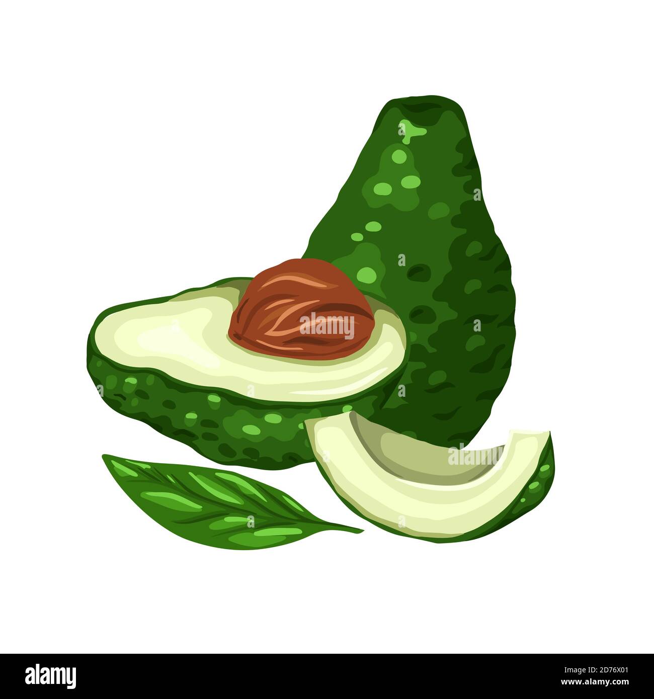 Illustration de dessins animés avocats. Divers éléments de tranches d'avocat avec des fosses et des feuilles. Régime de céto. Ingrédients pour Guacomole. Elément vectoriel pour moi Illustration de Vecteur