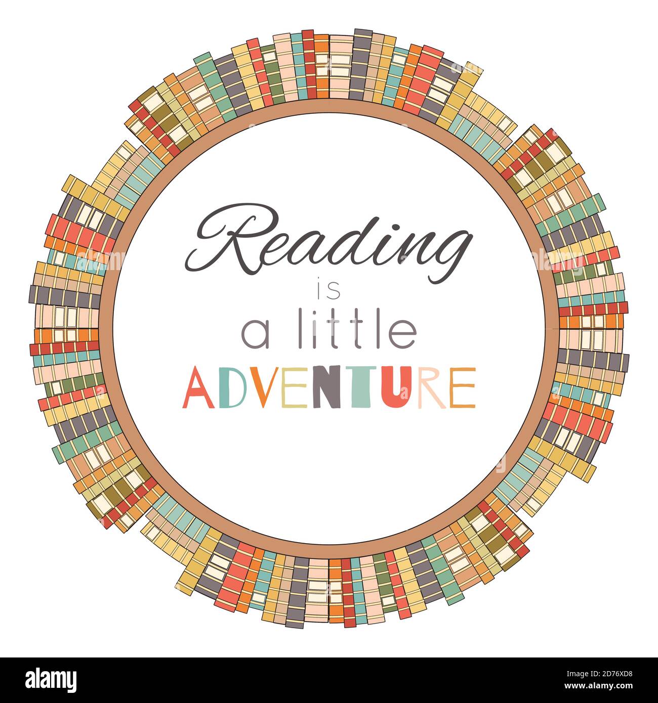 La lecture est une petite aventure. Étagères à livres circulaires de couleur contour avec lettrage. Amour pour les livres. Bibliothèque. Poster vectoriel pour cartes, bannières et votre c Illustration de Vecteur