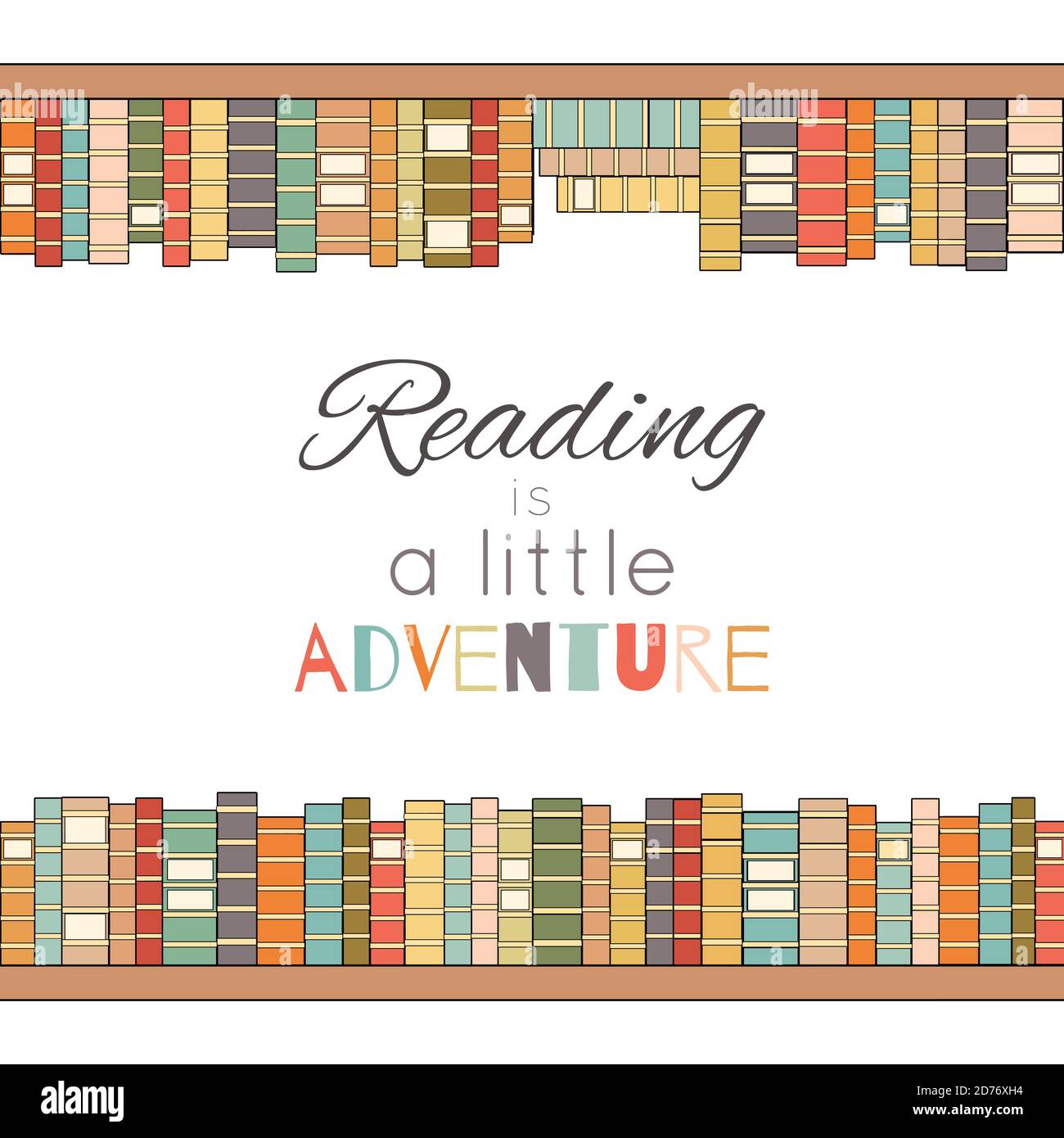 La lecture est une petite aventure. Étagères à livres de couleur contour avec lettrage. Amour pour les livres. Bibliothèque. Poster vectoriel pour cartes, bannières et votre creativi Illustration de Vecteur