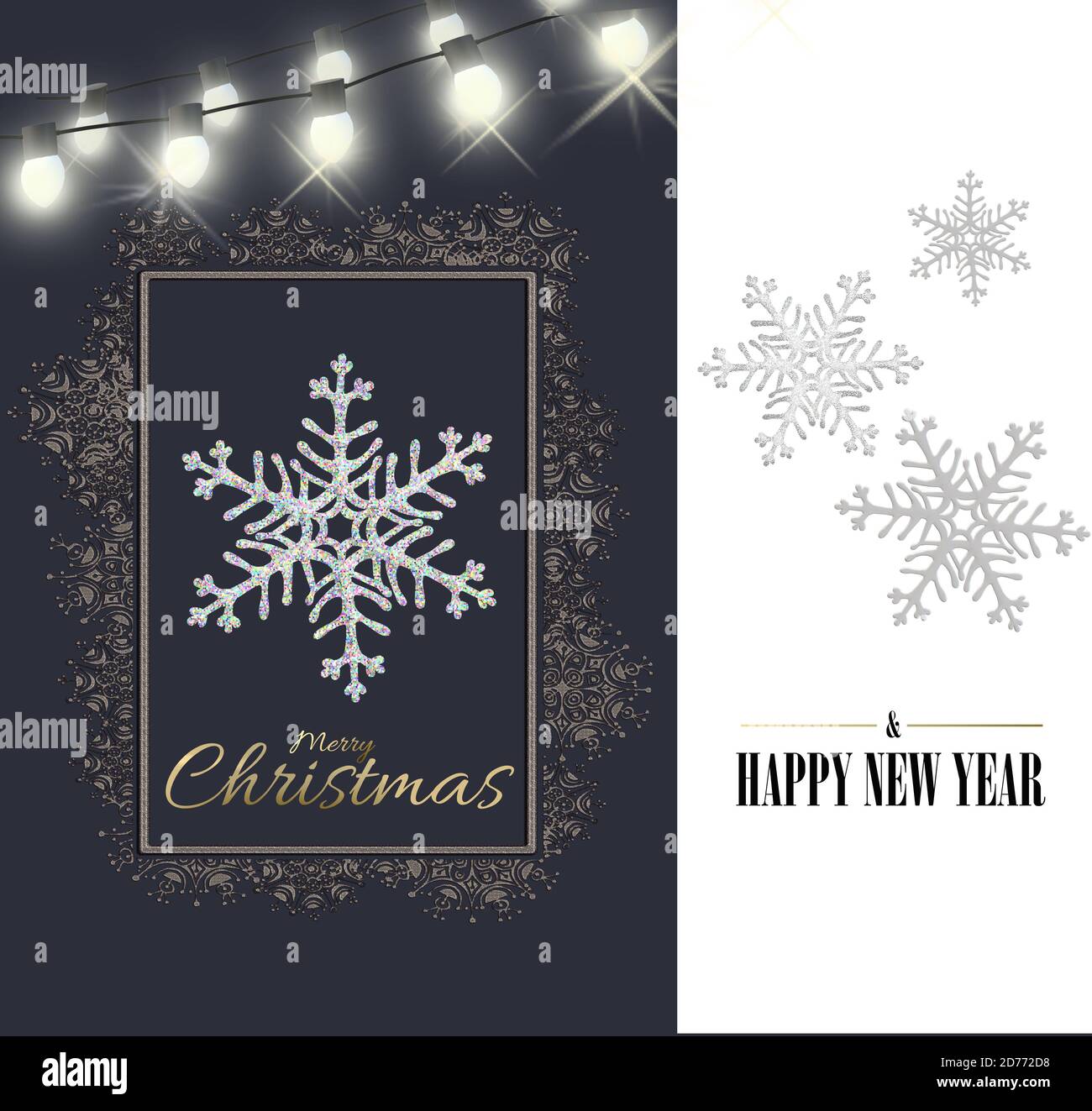 Flocons de neige abstraits pour un style minimaliste de Noël. Gros plan des flocons de neige sur fond bleu blanc. Texte doré Joyeux Noël bonne année, rendu 3D, carte d'invitation Banque D'Images