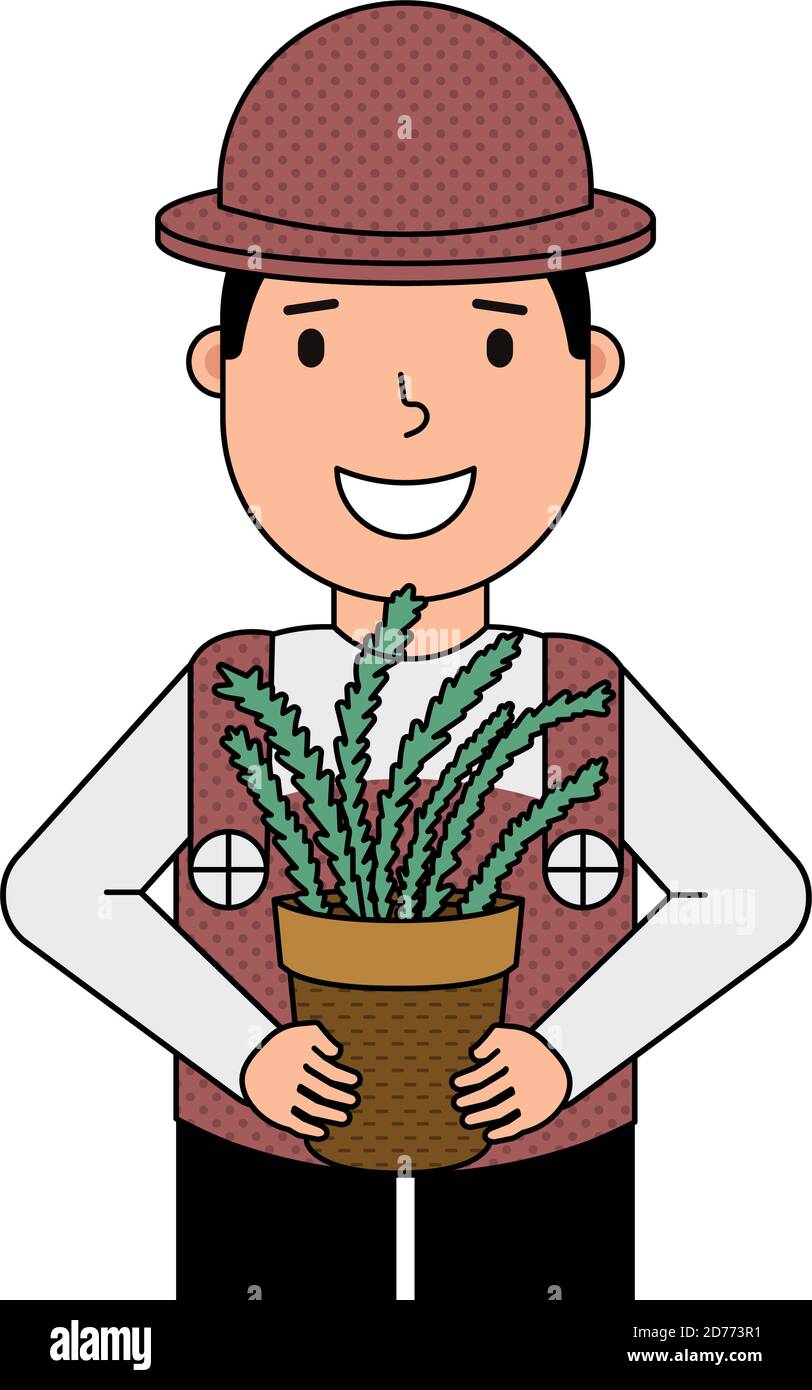 Jardinier tenant une fleur dans un pot illustration vectorielle sur un arrière-plan blanc Illustration de Vecteur