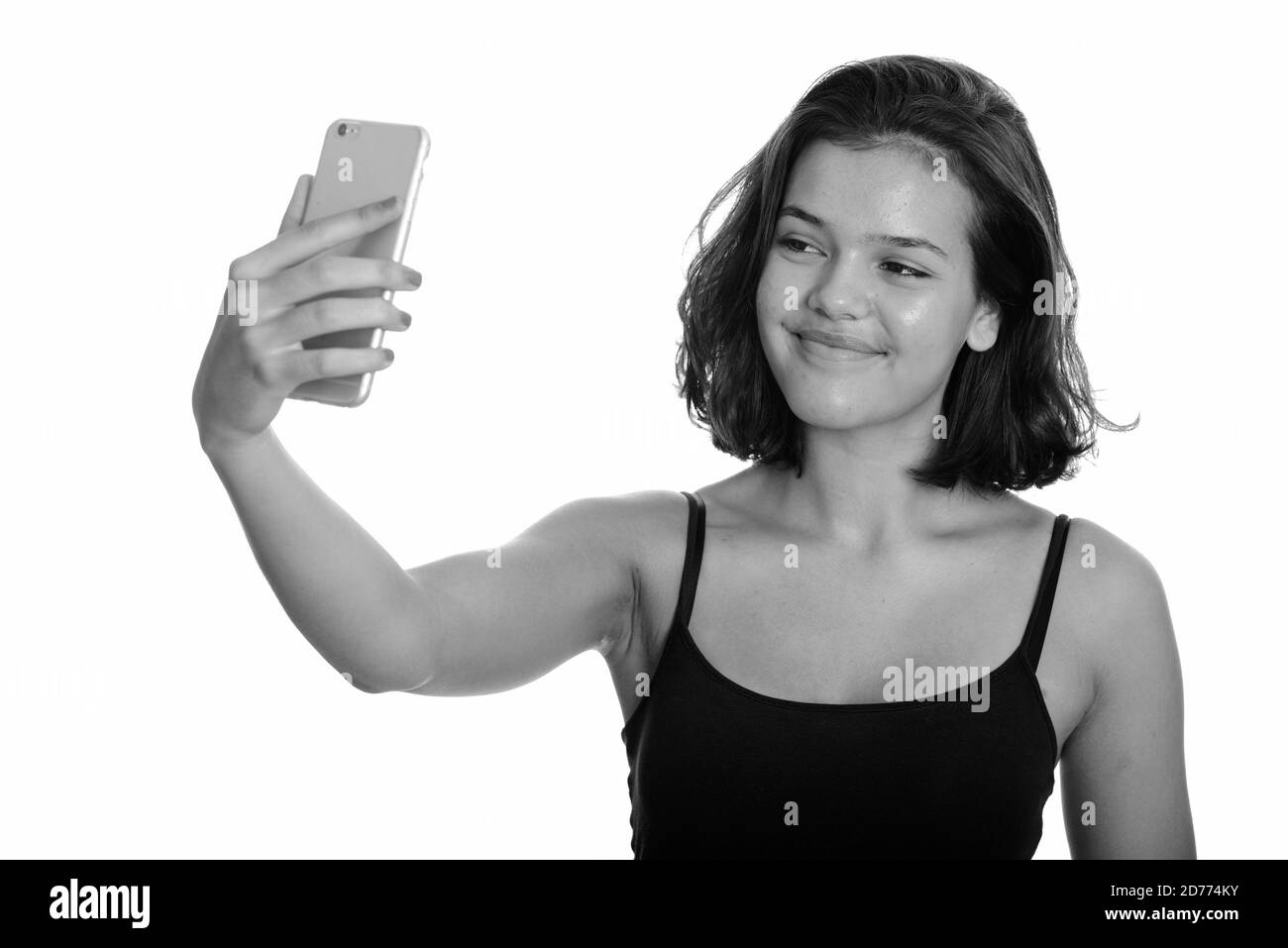 Jeune Belle Jeune Fille D Adolescent De Race Blanche Prenant Le Selfie Avec Le Téléphone Mobile