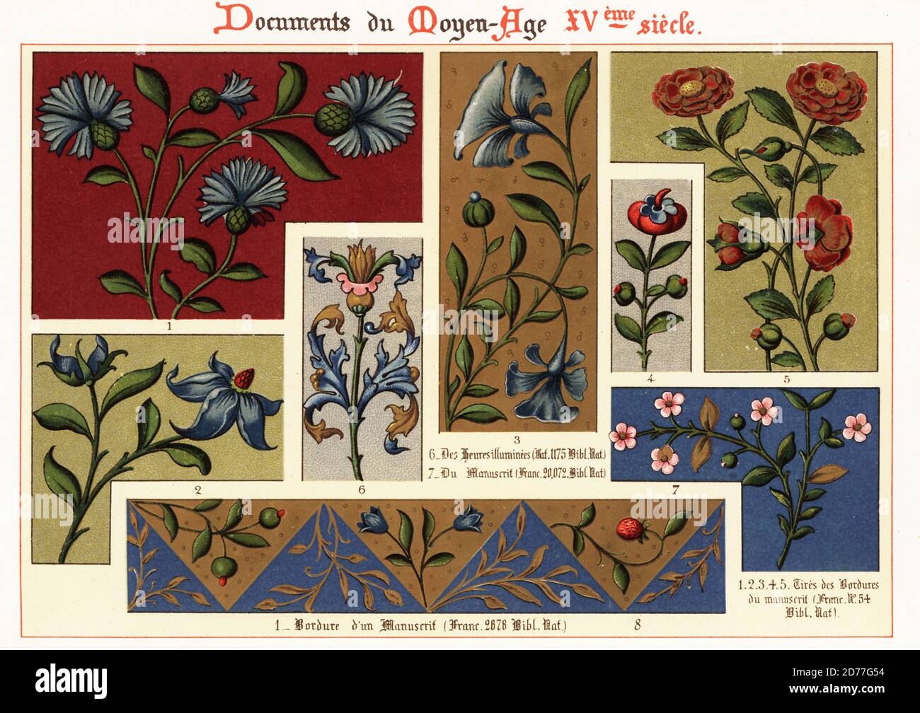 Bordures florales décoratives de manuscrits illuminés du XVe siècle. 1-5 pneus des perdures du manuscrit Franc. 54, Bib. NAT., 6 des heures illuminess Latin 1175, Bib. NAT., 7 du manuscrit Franc. 20.072, Bib. NAT., 8 corde d’un manuscrit franc. 2678, Bib. NAT. Chromolithographie conçue et lithographiée par Ernst Guillot de l'Ornenisation des Manucrits au Moyen-Age, XVe siècle, Siecle (ornementation des manuscrits du Moyen-âge, XVe siècle), Paris, 1890. Banque D'Images