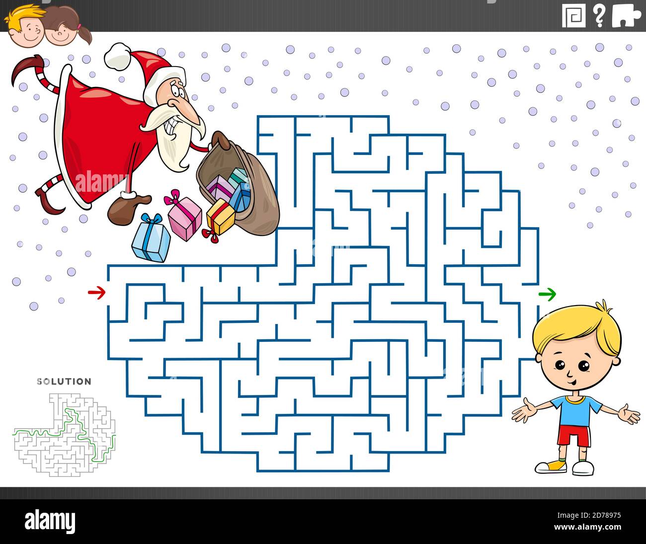Dessin animé Illustration du jeu de Puzzle Maze éducatif pour les enfants avec Père Noël avec cadeaux de Noël Illustration de Vecteur