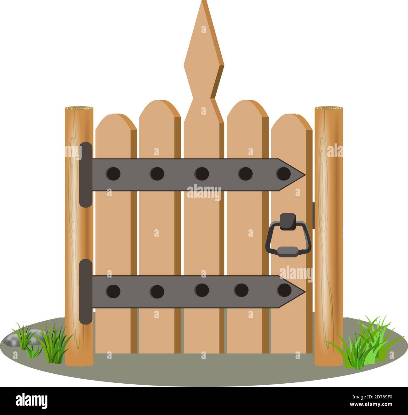 Porte en bois de dessin animé vectoriel avec herbe verte et pierres sur les côtés. Décor et accessoires de dessin animé, isolés sur fond blanc. Illustration de Vecteur