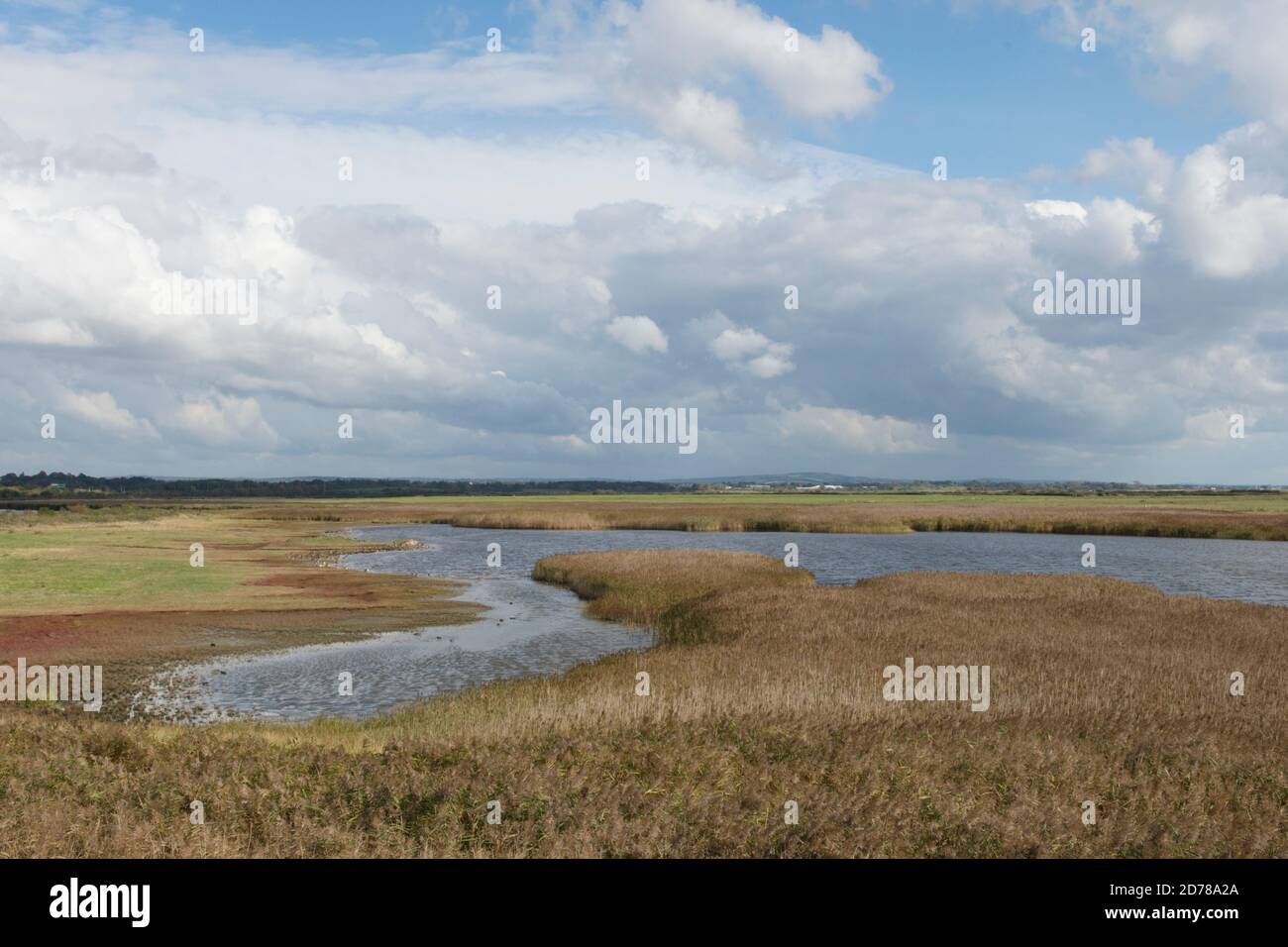 Farlington Marshes Réserve naturelle locale, vue sur le lac, marée haute pour barboter des oiseaux et des oiseaux sauvages. Octobre. Marée haute. Hampshire, Royaume-Uni Banque D'Images