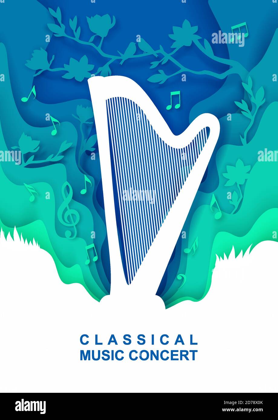 Affiche de concert de musique classique, bannière, prospectus, modèle d'invitation, illustration vectorielle coupée en papier. Illustration de Vecteur