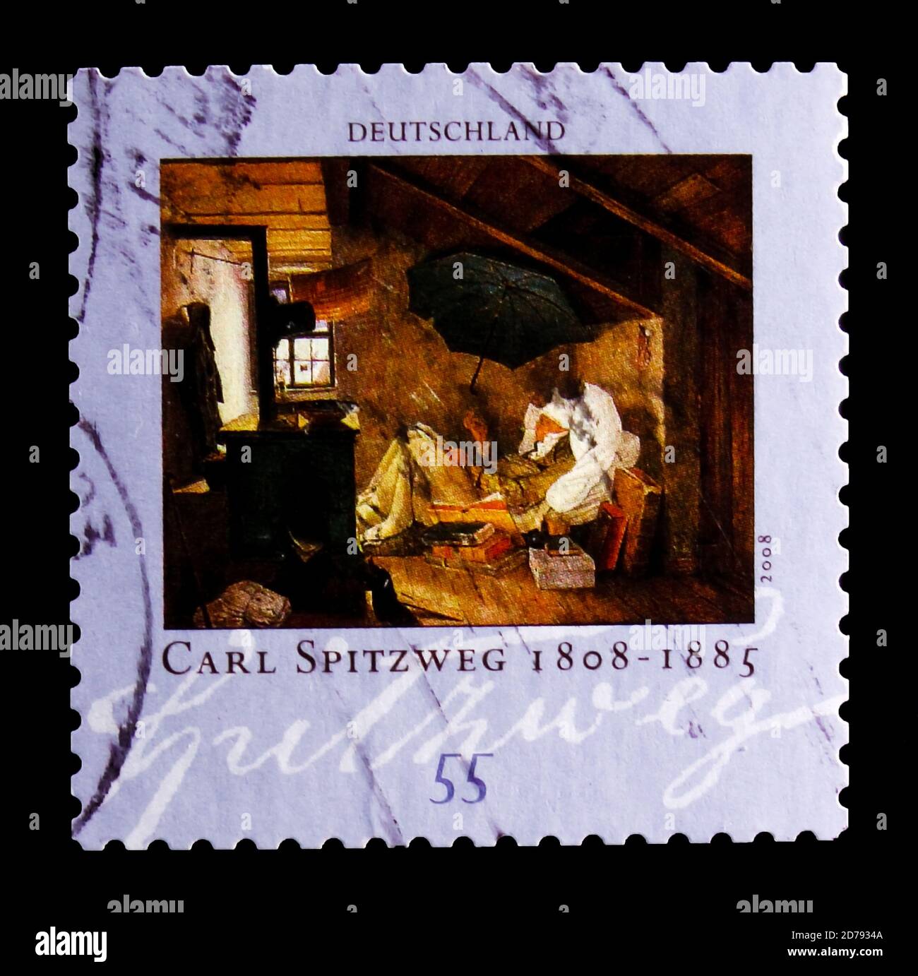 MOSCOU, RUSSIE - 21 OCTOBRE 2017 : un timbre imprimé en République fédérale allemande montre 'le poète pauvre'; peinture de Carl Spitzweg (1808-1885), 200e birt Banque D'Images