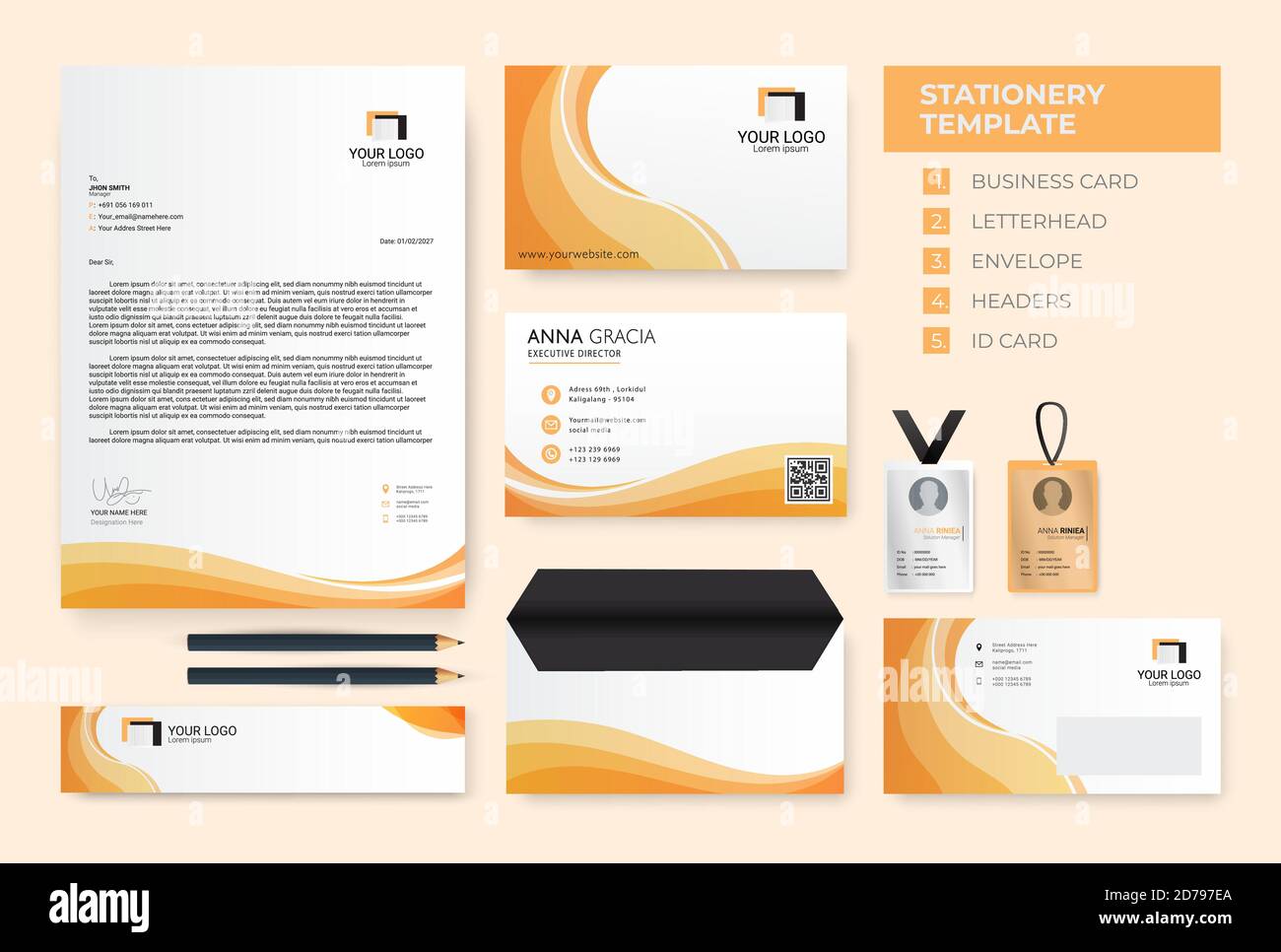 Modèle abstrait d'identité d'entreprise jaune orange. Vecteur Business Stationery Template Design Illustration de Vecteur