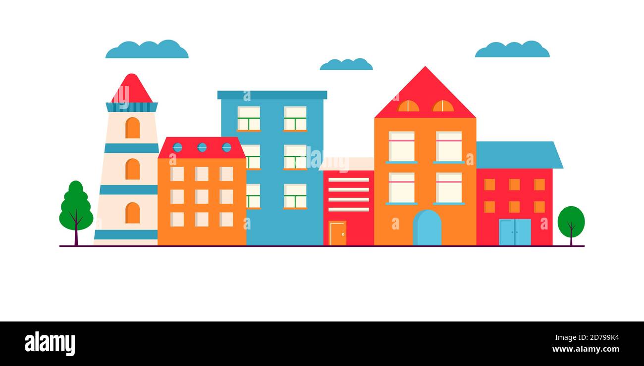 Paysage de petites maisons modernes façade avec fenêtre, garage, balcon et toit. Extérieur du bâtiment appartement avec arbres. Rapport d'illustration de paysage urbain vectoriel Illustration de Vecteur