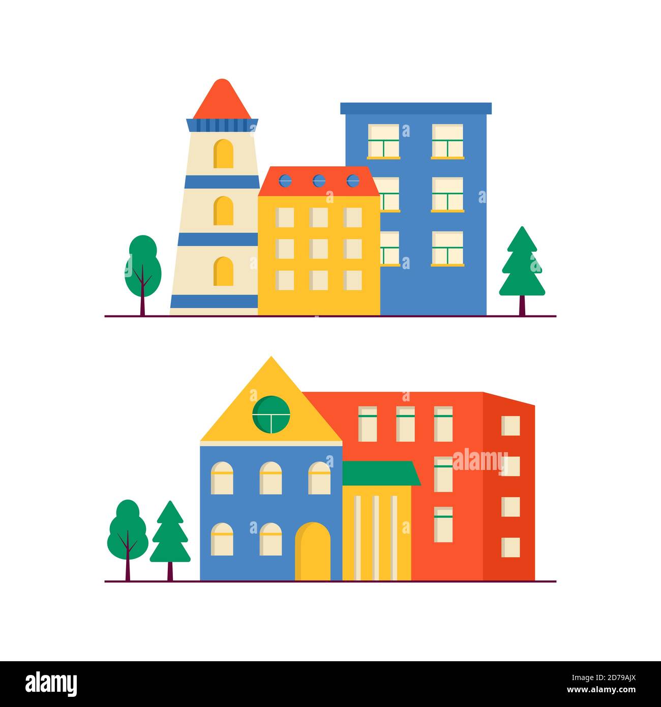 Collection de petites maisons modernes façade avec fenêtre, garage, balcon et toit. Extérieur du bâtiment appartement avec arbres. Vecteur paysage urbain illustrati Illustration de Vecteur