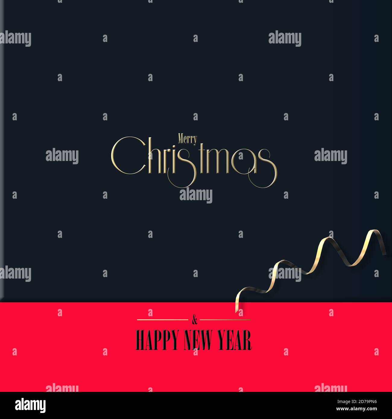 Élégant motif abstrait de Noël. Gold brillant chaîne de Noël, texte d'or Joyeux Noël bonne année sur fond bleu rouge, rendu 3D. Invitation festive, carte de vœux minimaliste de Noël Banque D'Images