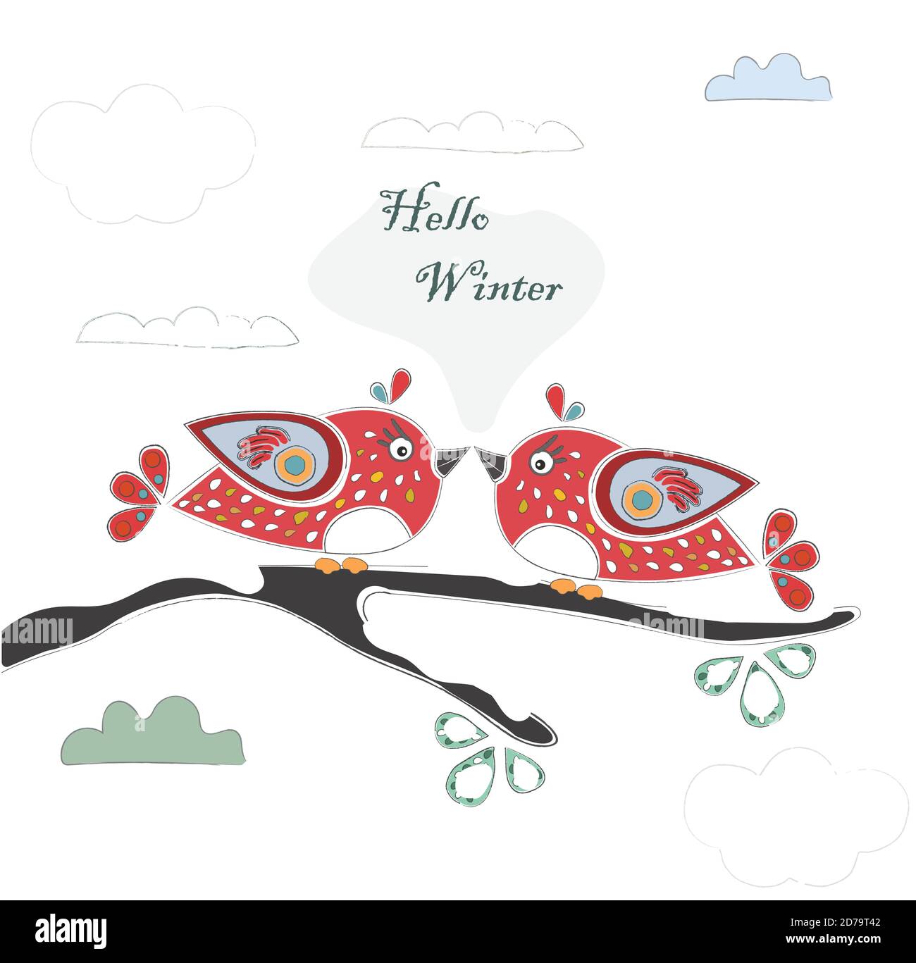 Deux oiseaux assis sur une branche dire 'Bonjour' d'hiver. Bonjour l'hiver avec carte cartoon un oiseaux sur une branche couverte de neige. Fond d'hiver. Ca souhaits Illustration de Vecteur