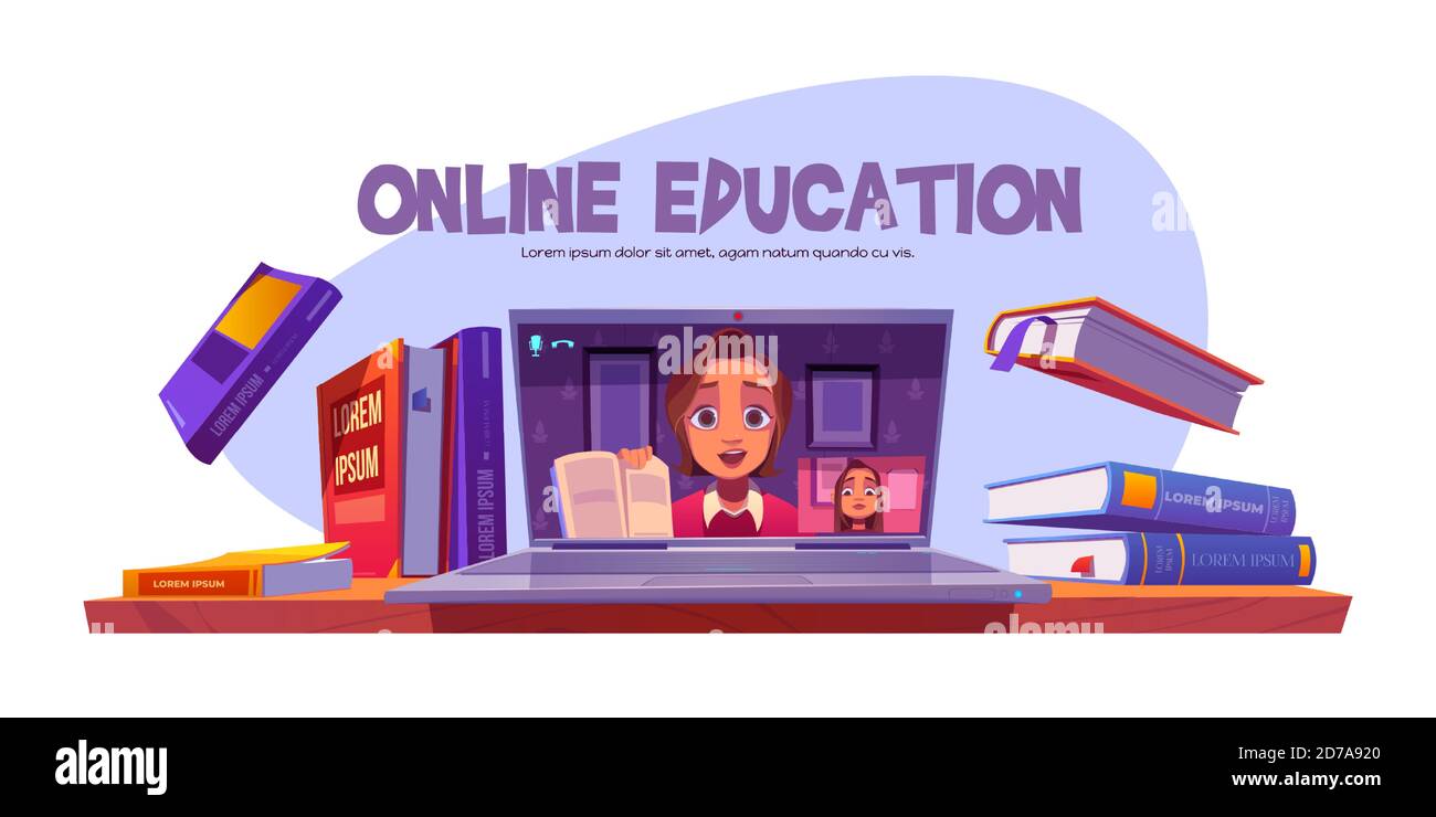 Bannière d'éducation en ligne avec le séminaire en ligne de conduite d'enseignant pour l'étudiant à distance, fille étudiant par Internet. Enseignement pédagogique à distance, technologie de formation vidéo, logiciel informatique, illustration vectorielle de dessin animé Illustration de Vecteur