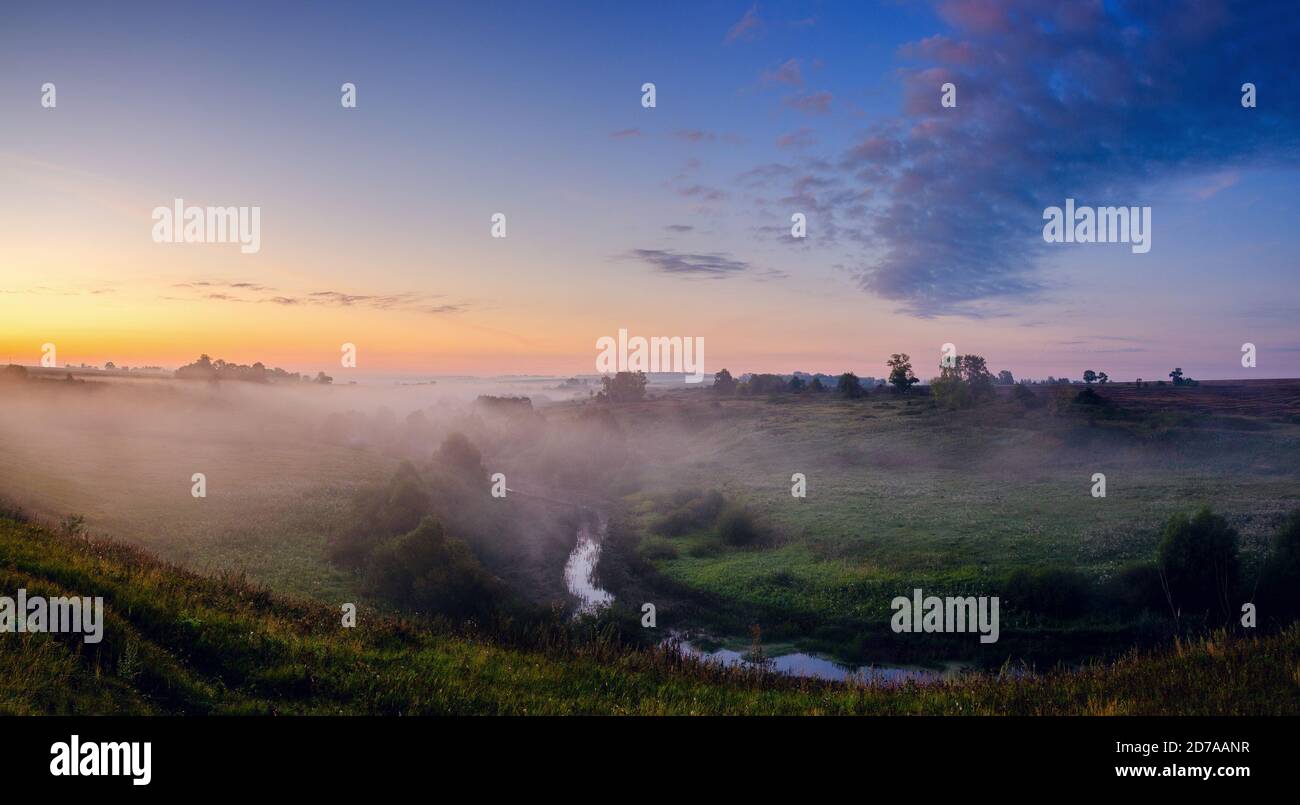 Magnifique paysage brumeux d'été avec une vallée brumeuse et des collines verdoyantes avant le lever du soleil. Banque D'Images