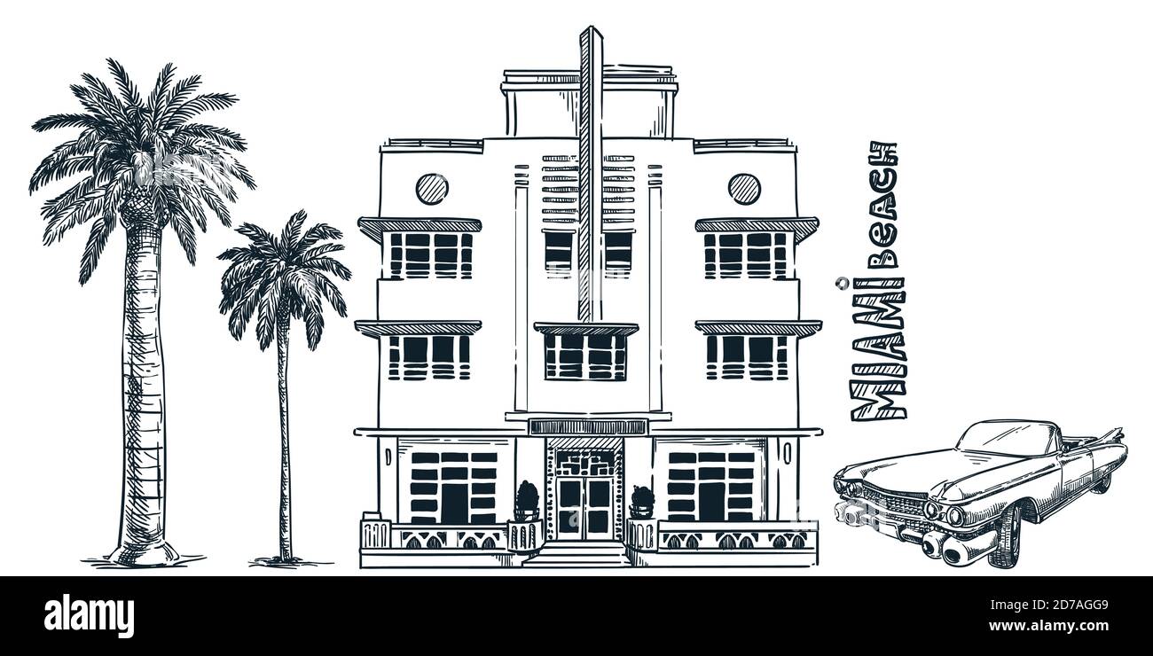 Miami Street avec bâtiment d'époque, voiture rétro et palmiers isolés sur fond blanc. Illustration de l'esquisse de la face à tracer vectorielle. Vacances en Floride dessinées à la main d Illustration de Vecteur