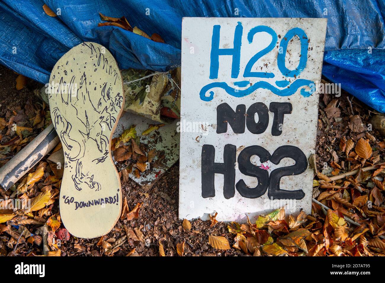 Aylesbury Vale, Royaume-Uni. 20 octobre 2020. Les militants écologistes campent dans les bois. Le cabinet d'avocats Leigh Day a envoyé une deuxième lettre à HS2 Limited pour lui demander d'arrêter de travailler à Jones Hill Wood après la découverte de chauves-souris « incroyablement rares » de Barbastelle dans les anciennes terres boisées. HS2 ont déjà causé des perturbations dans les bois.HS2 ont déjà causé des perturbations. Si HS2 continue de travailler dans ces bois sans la licence nécessaire, ils pourraient commettre une infraction pénale en vertu du règlement de 2017 sur la conservation des habitats et des espèces s43. Crédit : Maureen McLean/Alay Banque D'Images