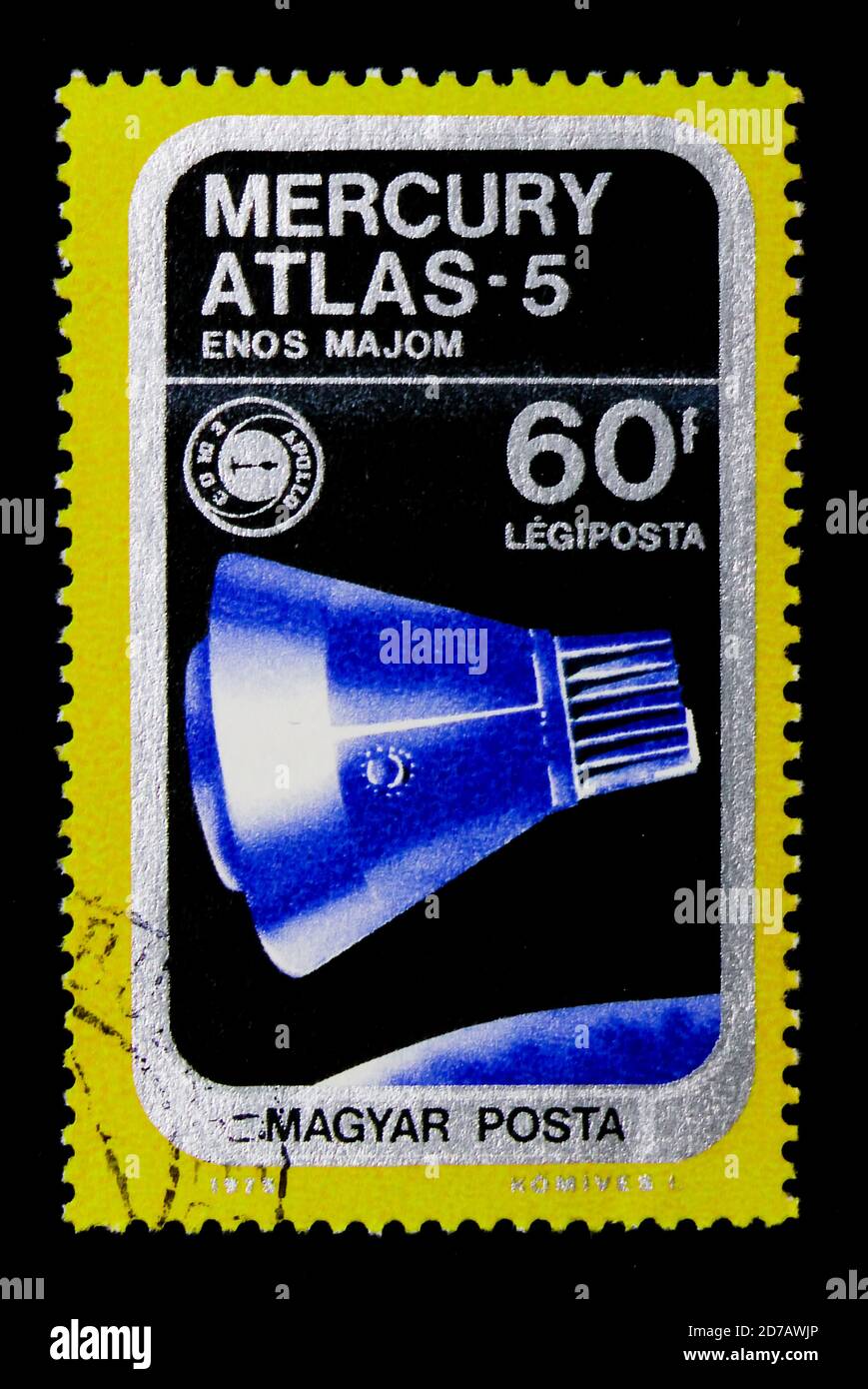 MOSCOU, RUSSIE - 26 NOVEMBRE 2017 : un timbre imprimé en Hongrie montre Mercury-Atlas 5, Airpost, vaisseau spatial et série Apollo Soyuz Emblem, vers 1975 Banque D'Images
