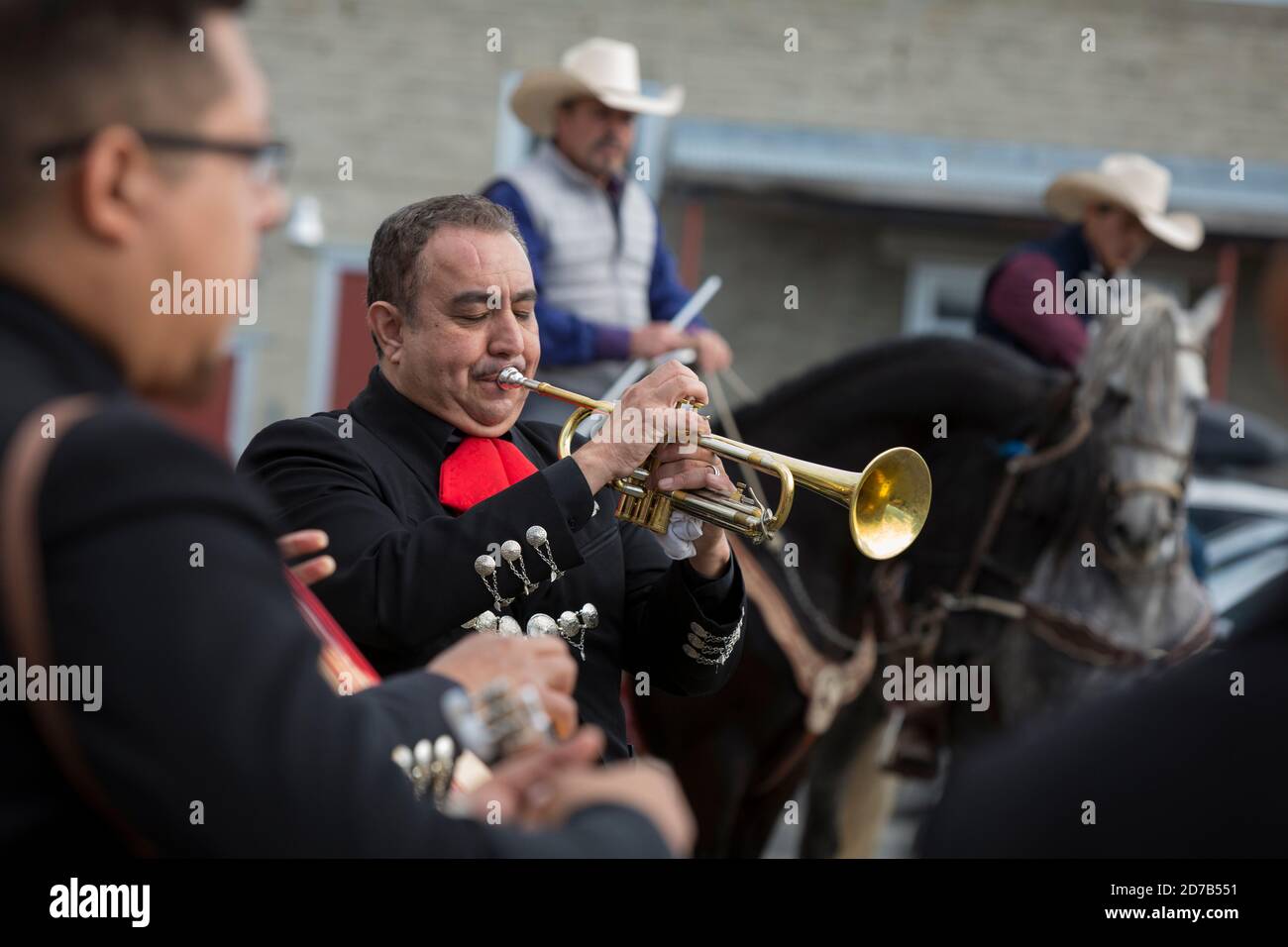 Mariachi Los Trovadores accompagne une représentation de la danse du Cheval mexicain à Tieton, Washington, le samedi 17 octobre 2020. La danse traditionnelle sera présentée pratiquement tout au long des mois d'octobre et de novembre dans le but de limiter la propagation du virus COVID-19 lors de la fête de la communauté annuelle Dia de los Muertos de Tieton Arts & Humanities. Banque D'Images