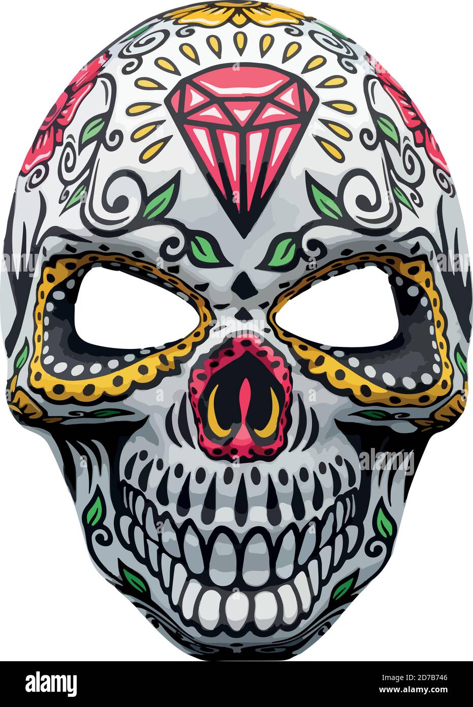 Masque d'Halloween représentant un crâne mexicain traditionnel avec un motif floral coloré. Illustration de Vecteur