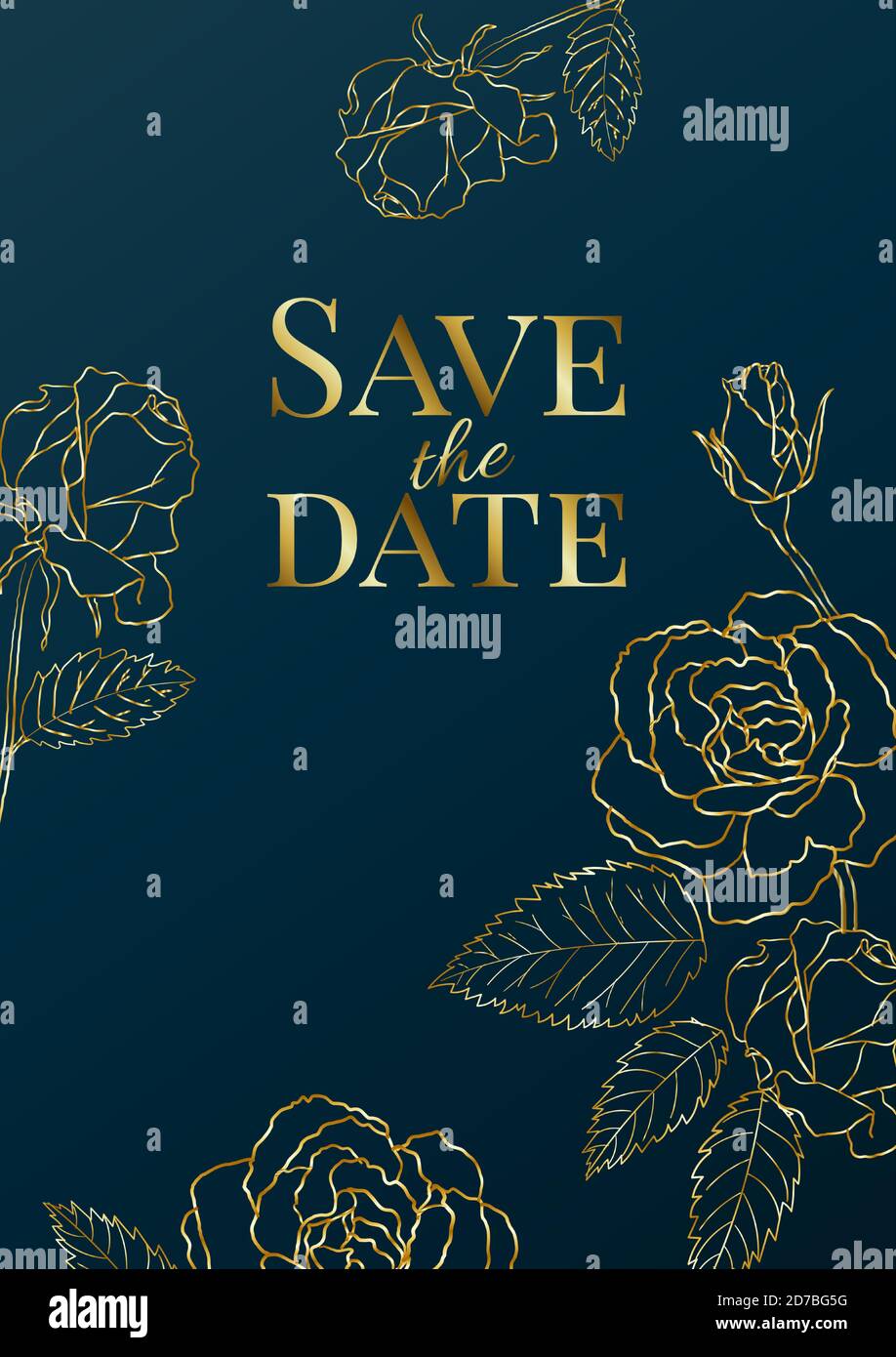modèle d'invitation de mariage de luxe ou modèle de carte de vœux avec roses dorées sur fond bleu marine. Illustration de Vecteur