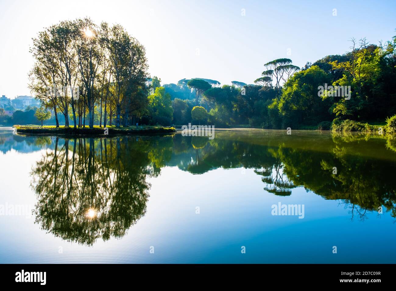 Les arbres et le soleil dans le parc de la Villa Ada à Rome en Italie se reflètent sur l'eau du lac environnant créant un patter symétrique. L'image a un peu Banque D'Images