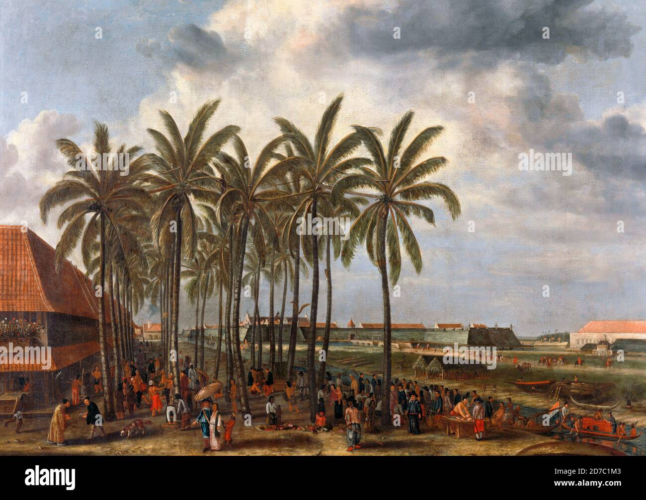 Le château de Batavia, vu de Kali Besar Ouest vers 1656. Au premier plan une sorte de marché sous les palmiers - Andries Beeckman, vers 1661 Banque D'Images