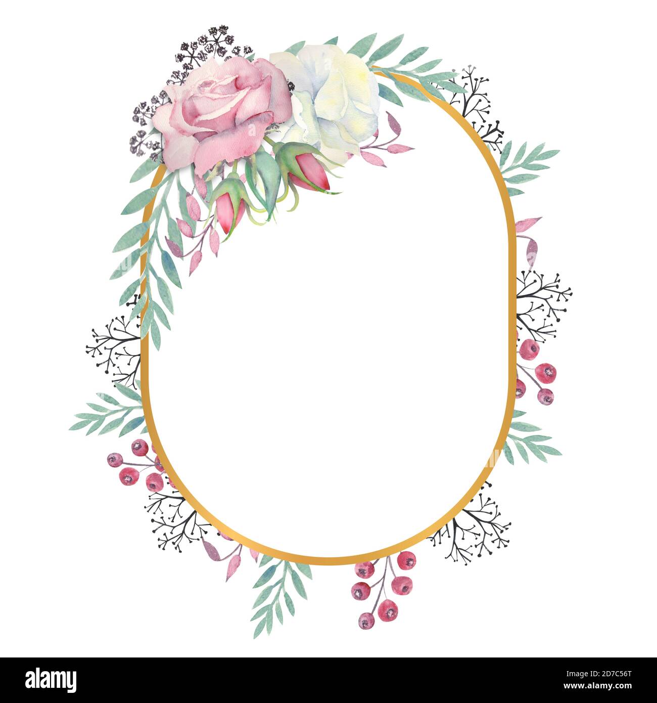 Fleurs roses blanches et roses, feuilles vertes, baies dans un cadre ovale  doré. Illustration aquarelle Photo Stock - Alamy