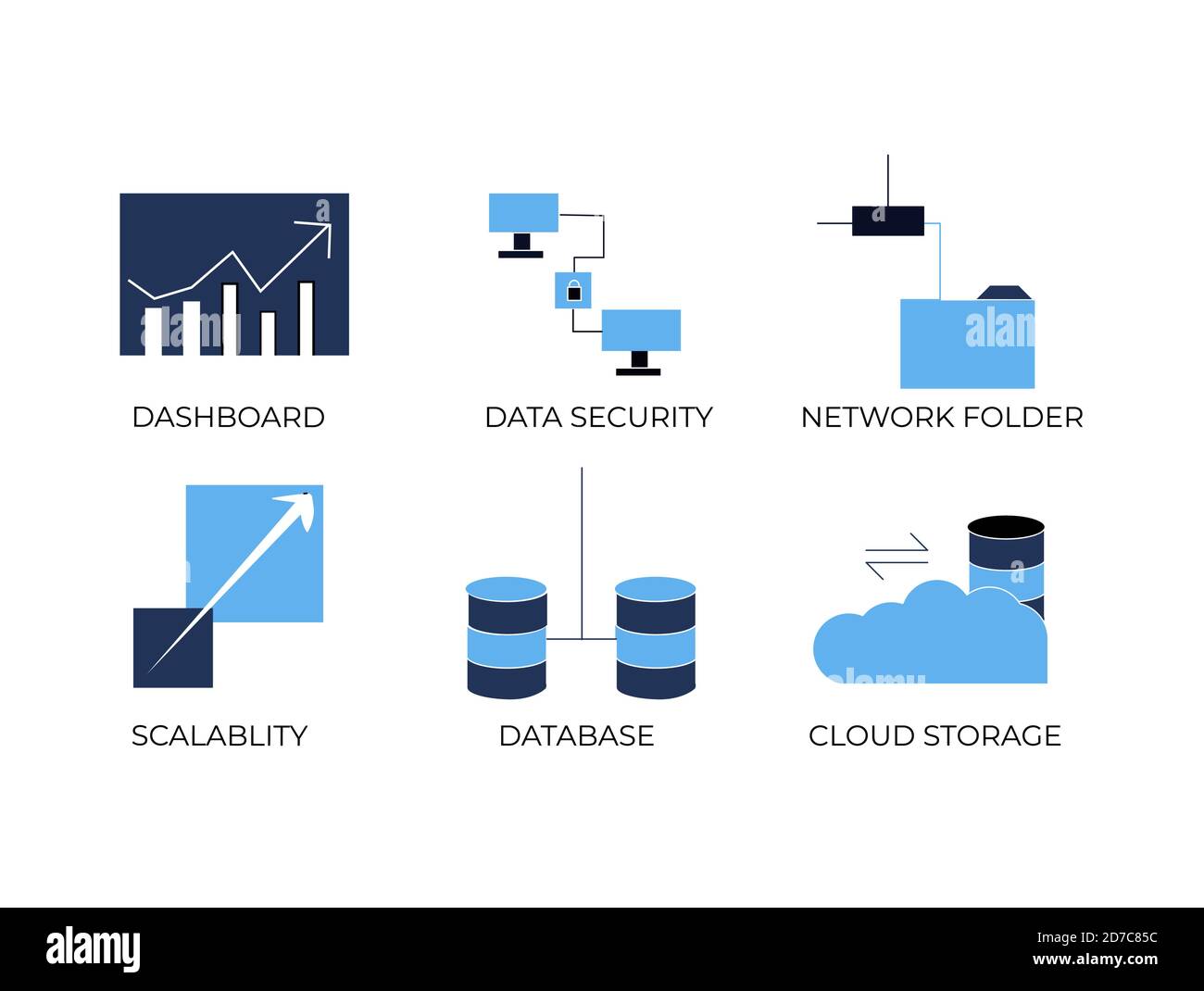 Ensemble d'icônes Big Data : analytique, sécurité des données, dossier réseau, évolutivité, base de données et stockage dans le cloud Illustration de Vecteur
