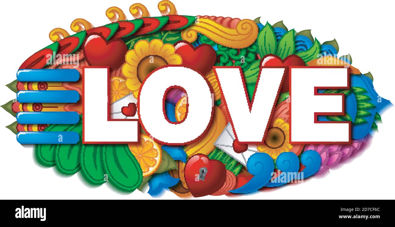 Dessin de dessin animé à la main pour l'amour avec un arrière-plan d'élément coloré Illustration de Vecteur