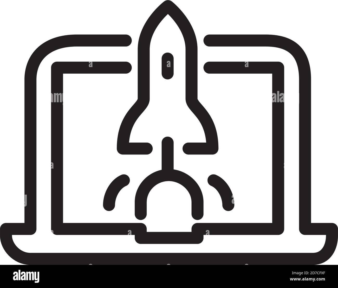 Une icône de fusée qui se délaque d'un ordinateur portable. Vecteur. Métaphore et allégorie de nouveaux projets en affaires. Style de contour. Illustration pour site Web ou impression. Illustration de Vecteur