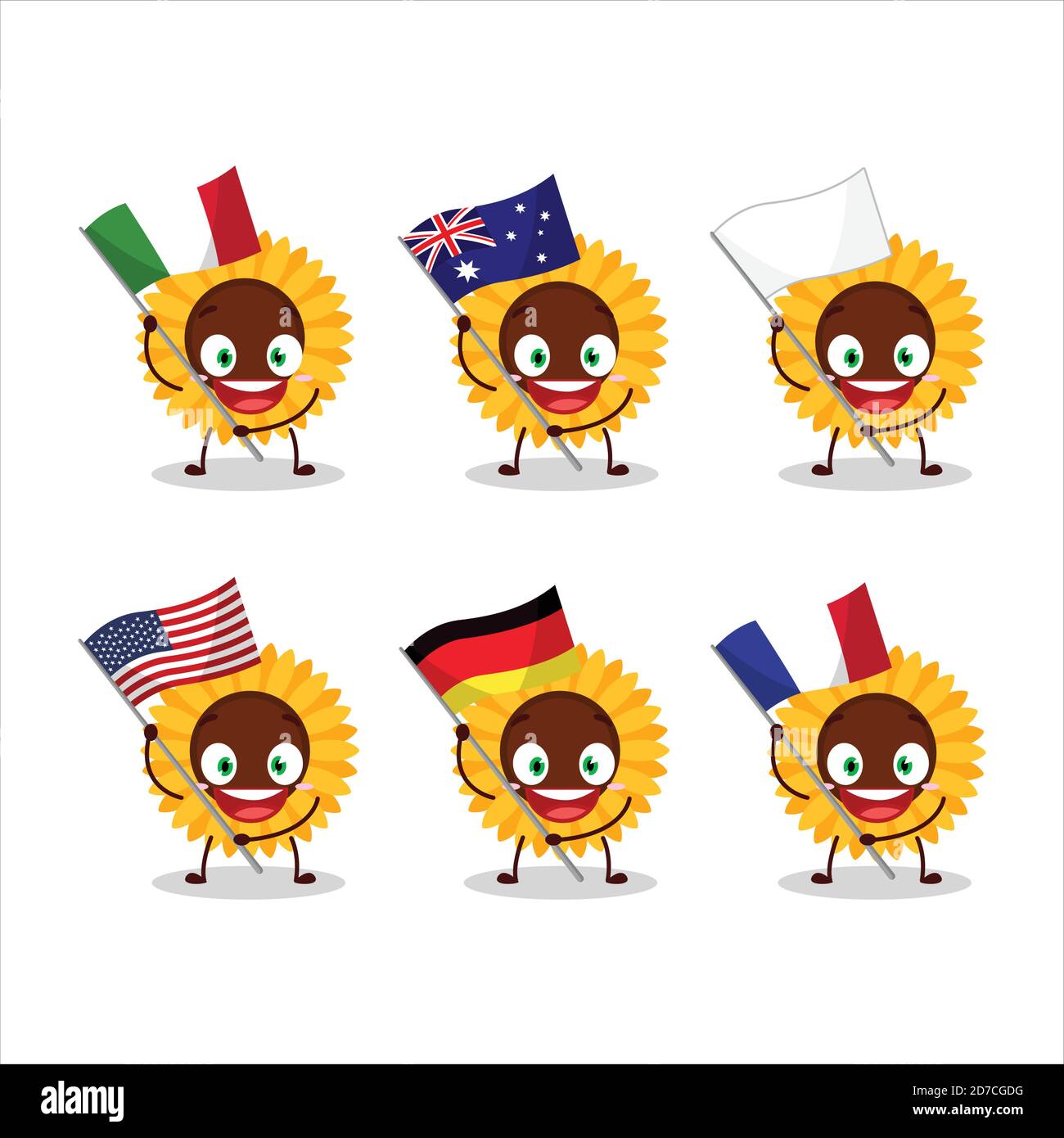 Le personnage de dessin animé de tournesol apporte les drapeaux de divers pays Illustration de Vecteur