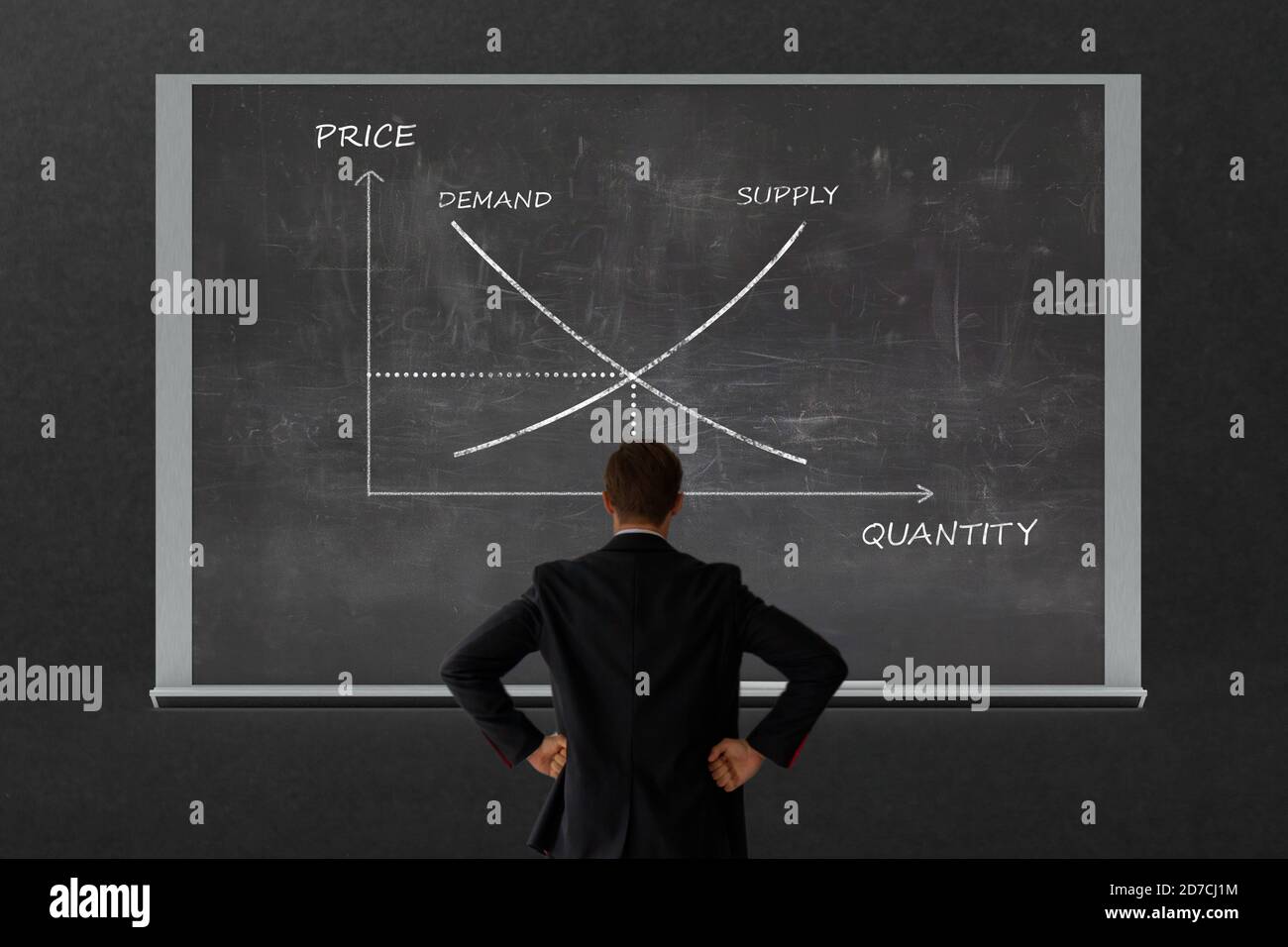 Le concept de croissance des entreprises. Homme d'affaires regardant le graphique avec la relation de taux de croissance de l'économie. Le graphique de la demande d'offre se rapporte au prix et à la quantité Banque D'Images