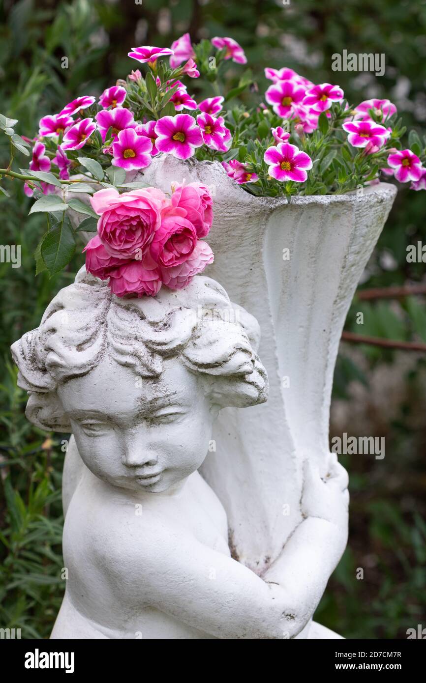 putto avec fleur rose pétunia et rose dans le jardin d'été Banque D'Images