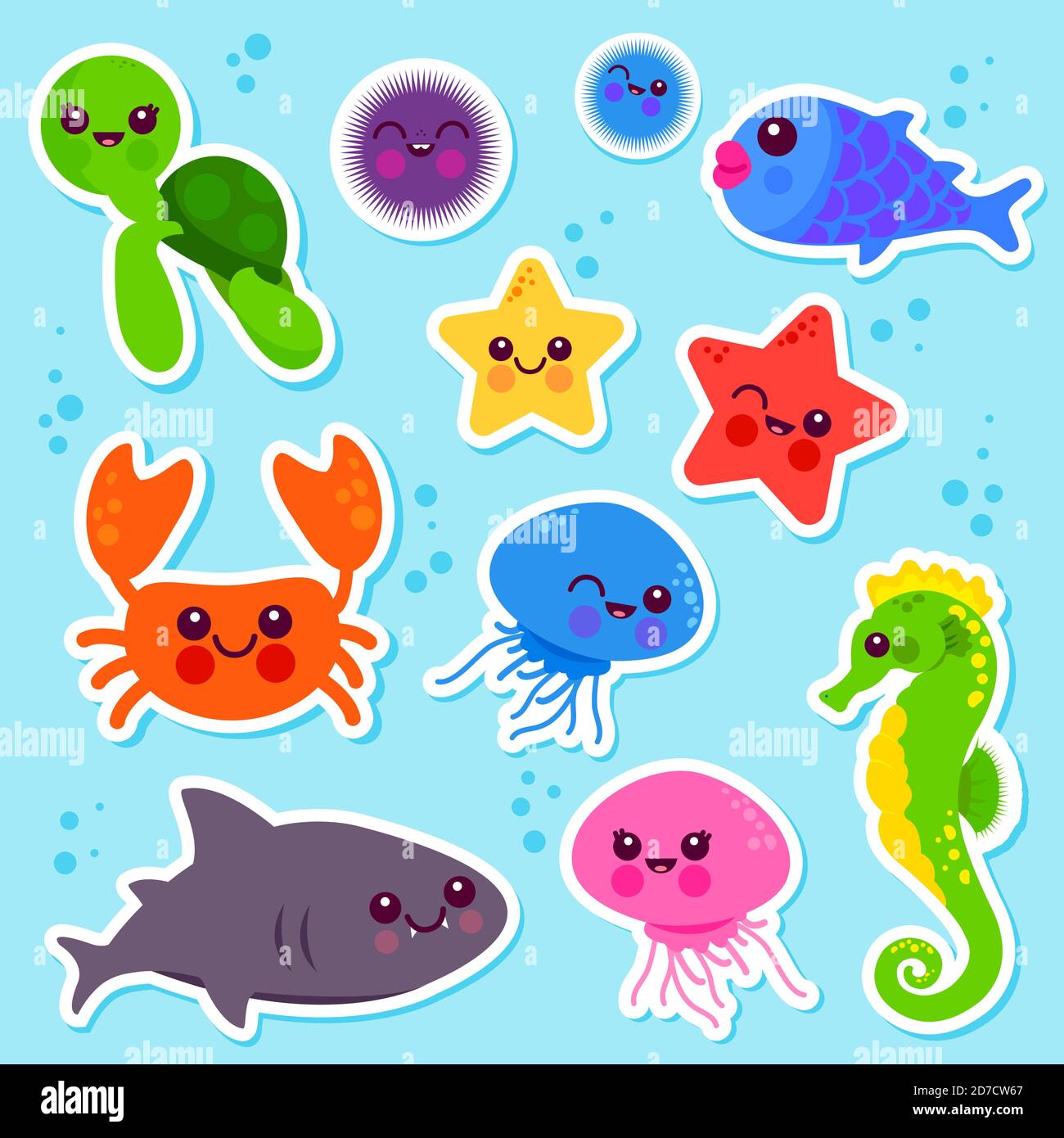 Jeu d'autocollants d'illustration d'animaux marins colorés. Banque D'Images