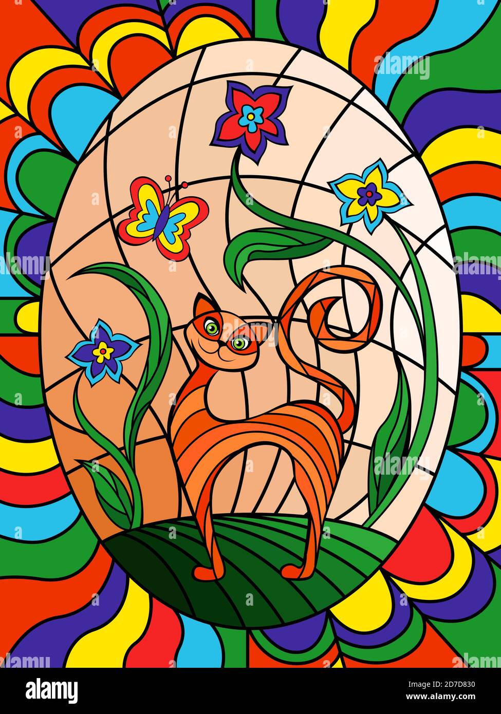 Drôle et gai chaton parmi les fleurs avec un papillon, fenêtre multicolore colorée pour une chambre d'enfant Illustration de Vecteur
