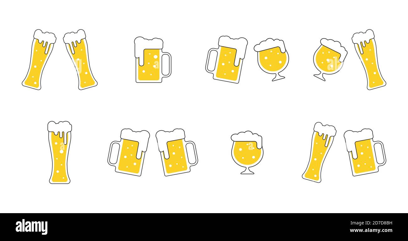 Icônes de bière ensemble avec différentes mugs de bière illustration vectorielle isolée. Icônes pour le bar du pub ou menu Oktoberfest dans un style plat Illustration de Vecteur
