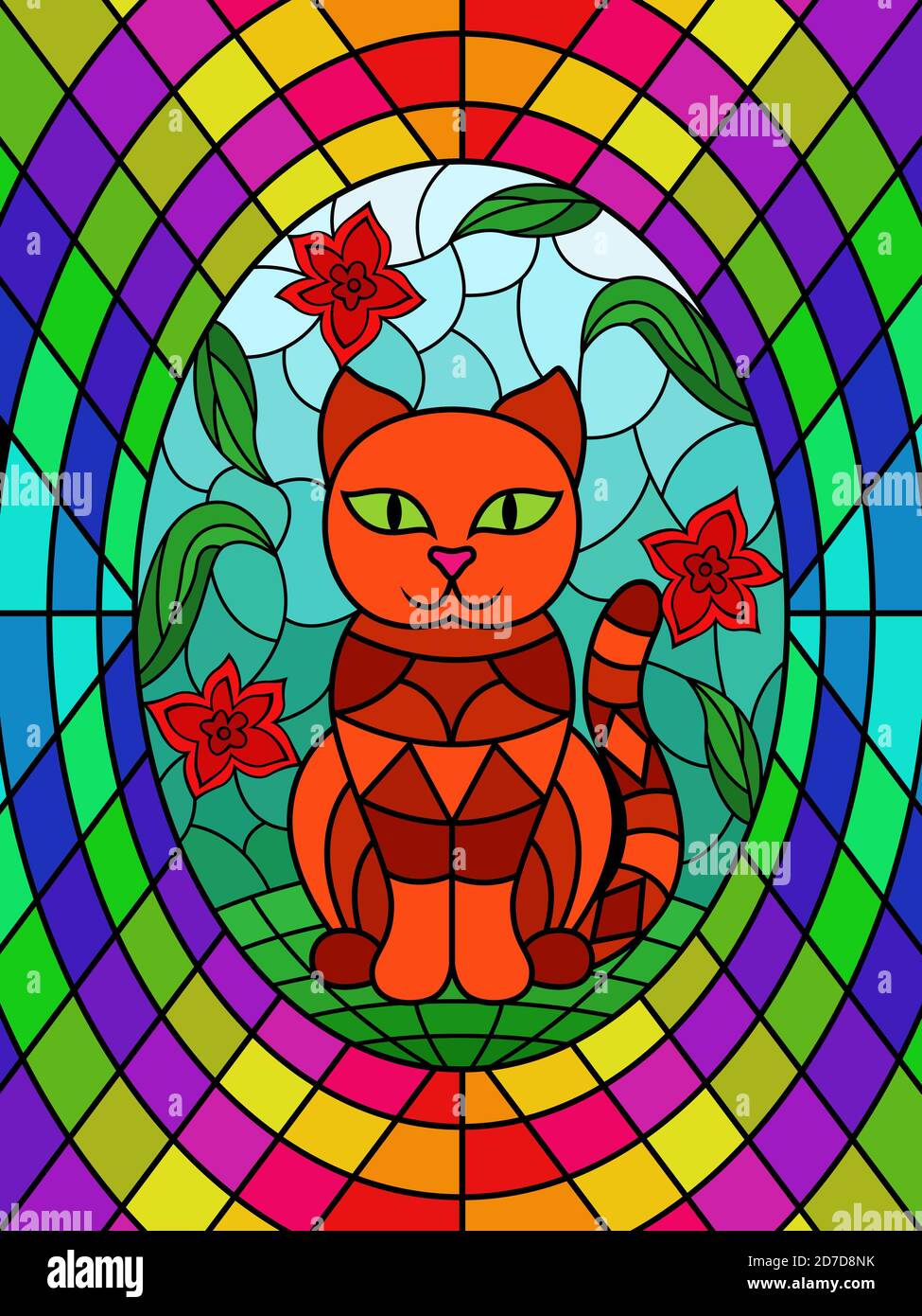 Vitraux colorés avec drôle de chat de dessin animé assis parmi les fleurs, décoration sur le verre pour les enfants Illustration de Vecteur