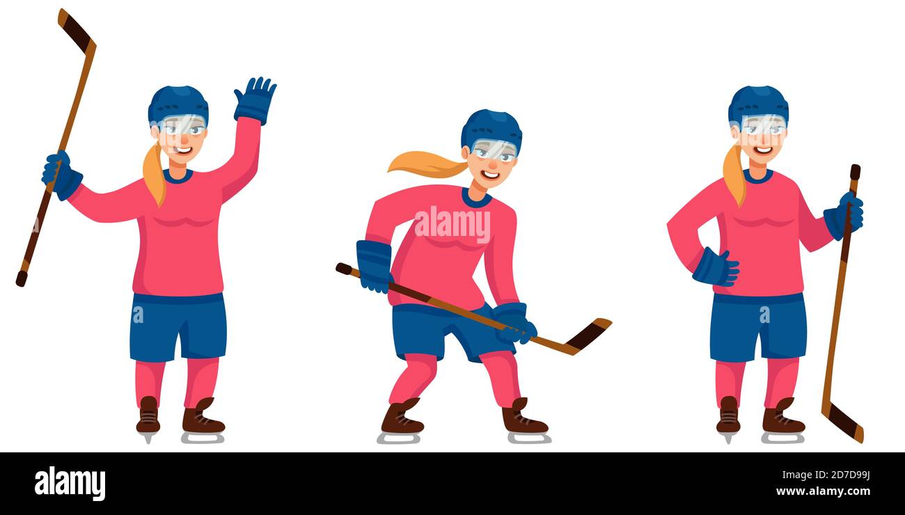 Joueur de hockey dans différentes poses. Personnage féminin de style dessin animé. Illustration de Vecteur